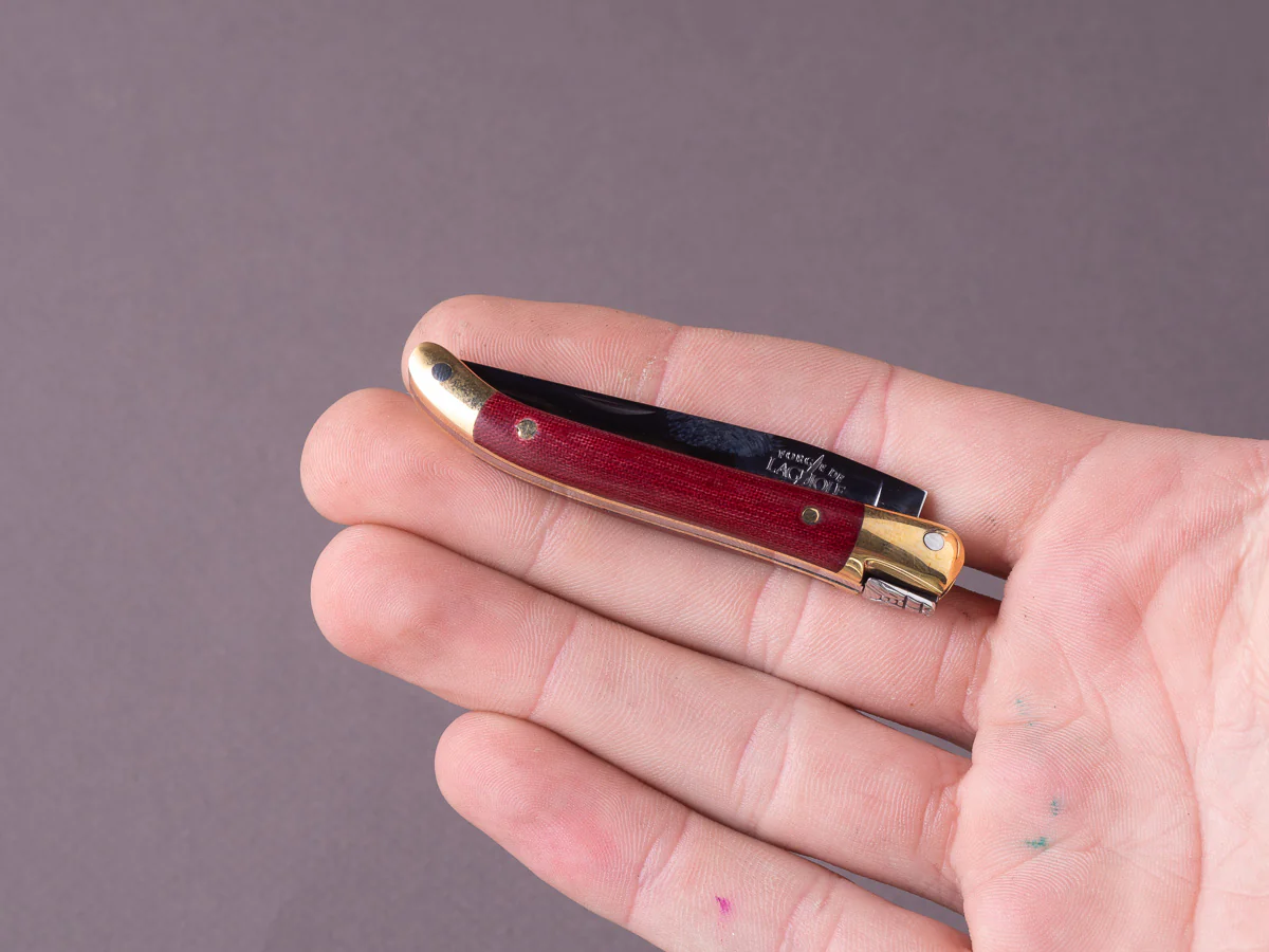 Forge de Laguiole - 70mm Folding Knife - Spring Lock - Burgundy Micarta & Brass Handle - Image 6