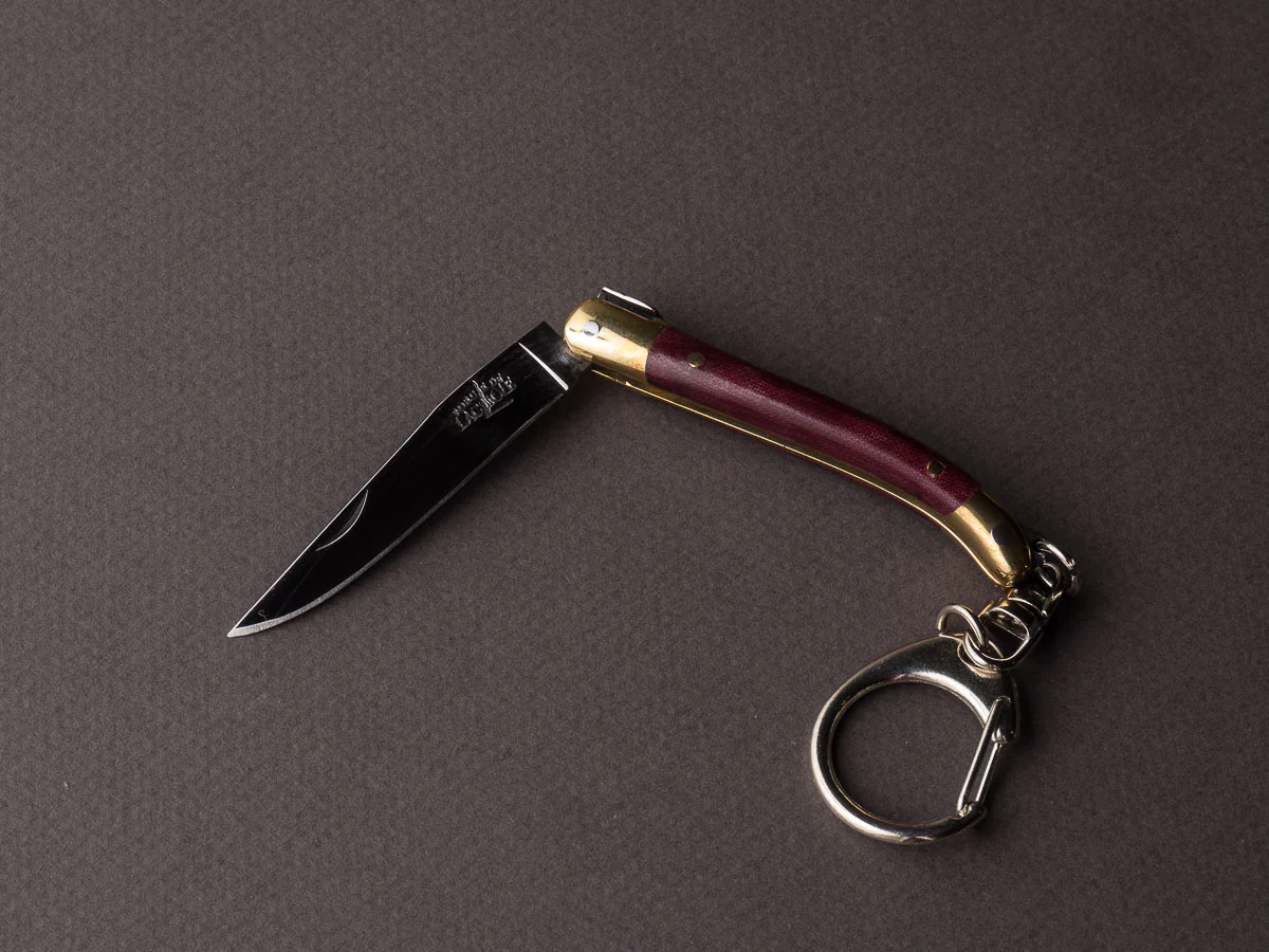 Forge de Laguiole - 70mm Folding Knife - Spring Lock - Burgundy Micarta & Brass Handle - Keychain Ring