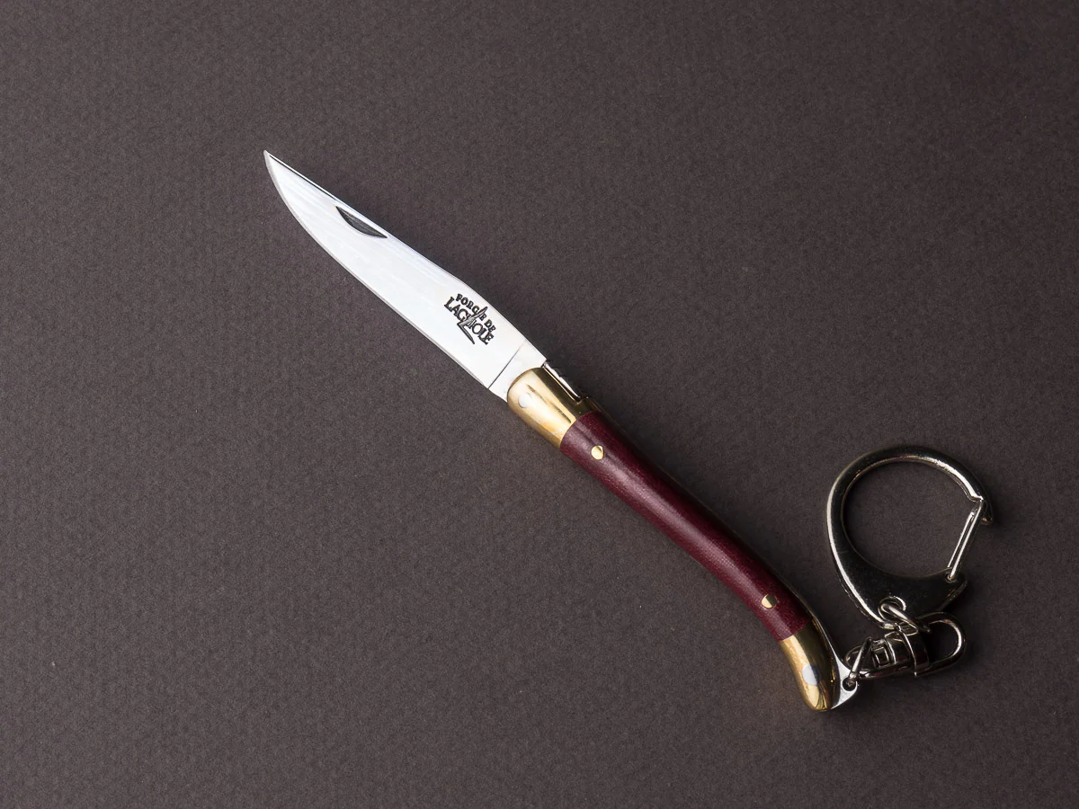 Forge de Laguiole - 70mm Folding Knife - Spring Lock - Burgundy Micarta & Brass Handle - Keychain Ring - Image 2