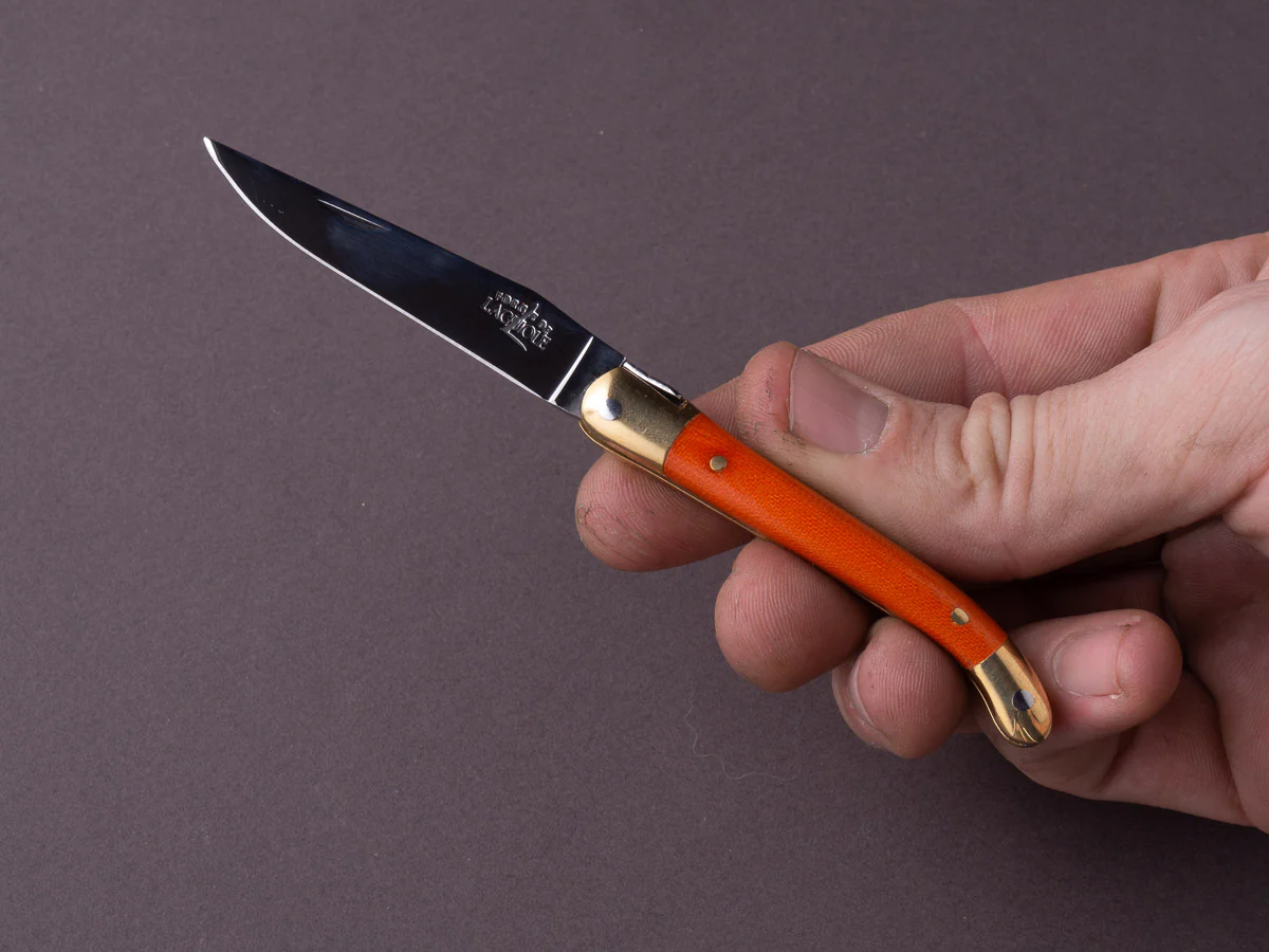 Forge de Laguiole - 70mm Folding Knife - Spring Lock - Orange Micarta & Brass Handle - Image 4