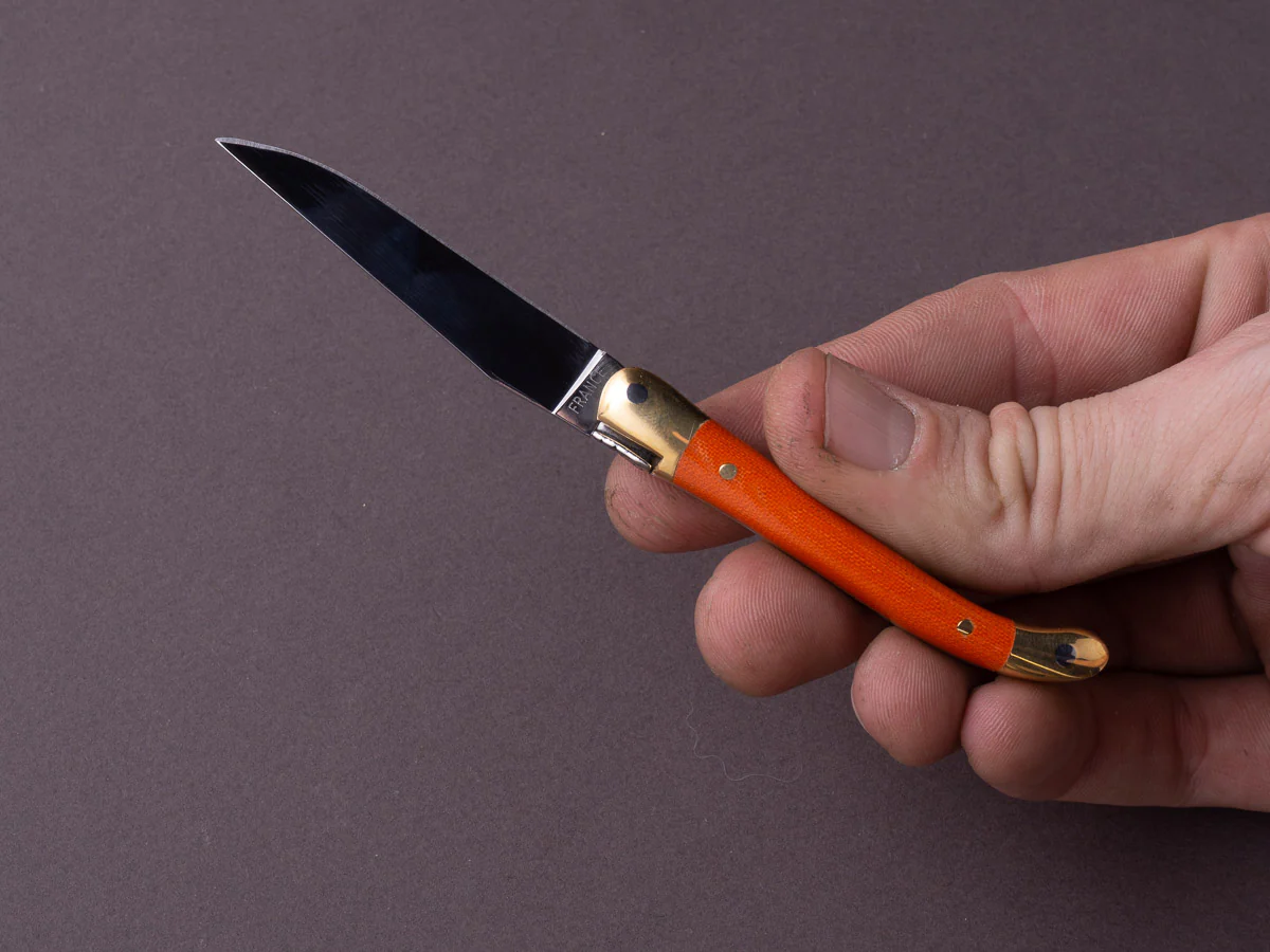Forge de Laguiole - 70mm Folding Knife - Spring Lock - Orange Micarta & Brass Handle - Image 5