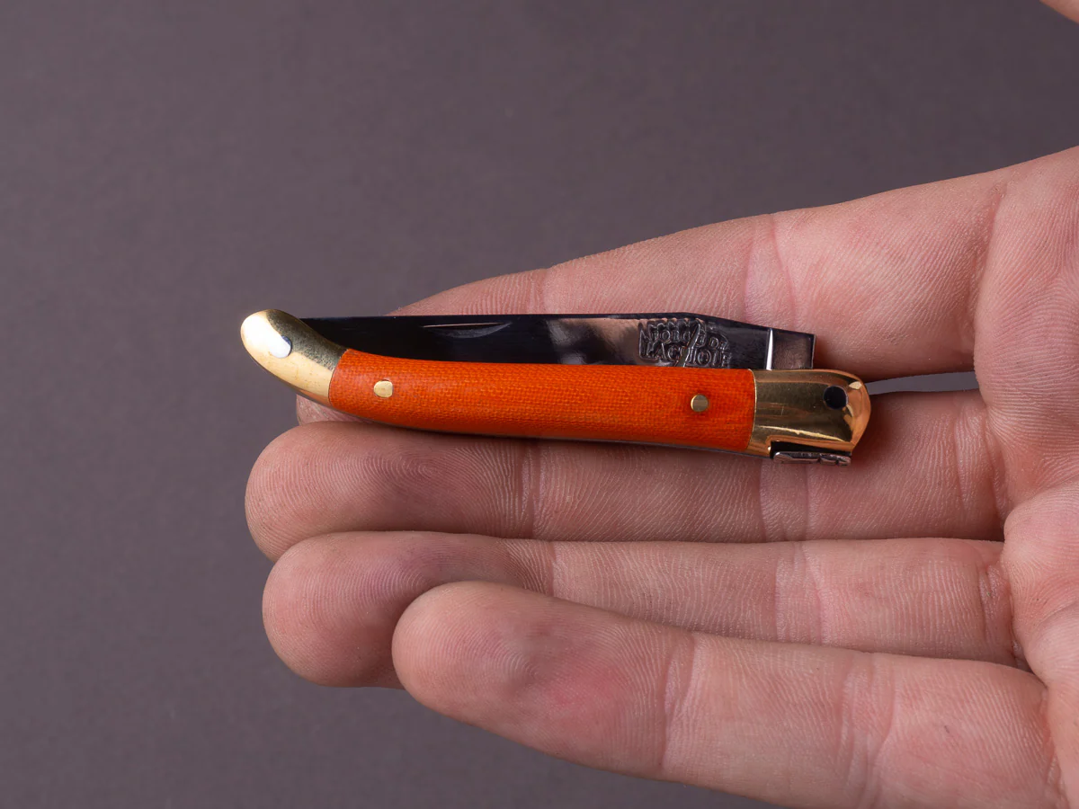 Forge de Laguiole - 70mm Folding Knife - Spring Lock - Orange Micarta & Brass Handle - Image 6