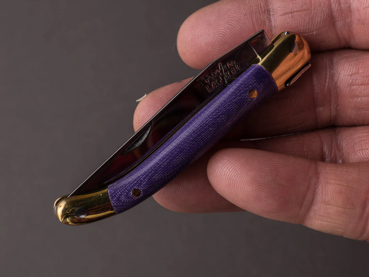 Forge de Laguiole - 70mm Folding Knife - Spring Lock - Purple Micarta & Brass Handle - Image 5