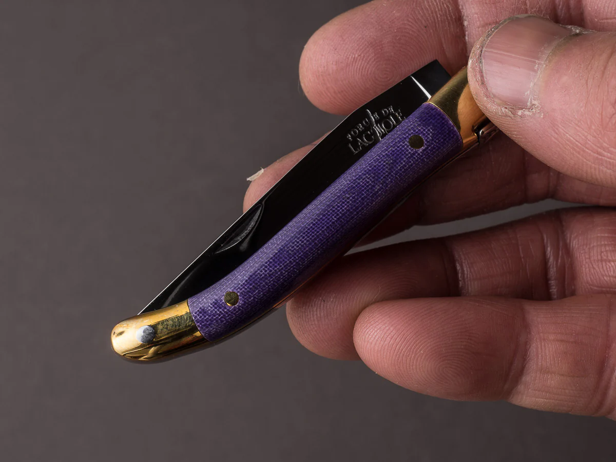 Forge de Laguiole - 70mm Folding Knife - Spring Lock - Purple Micarta & Brass Handle - Image 6