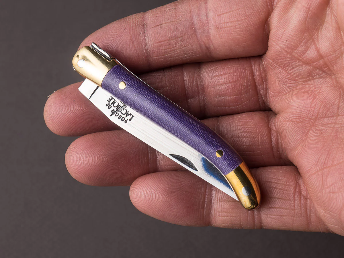 Forge de Laguiole - 70mm Folding Knife - Spring Lock - Purple Micarta & Brass Handle - Image 7