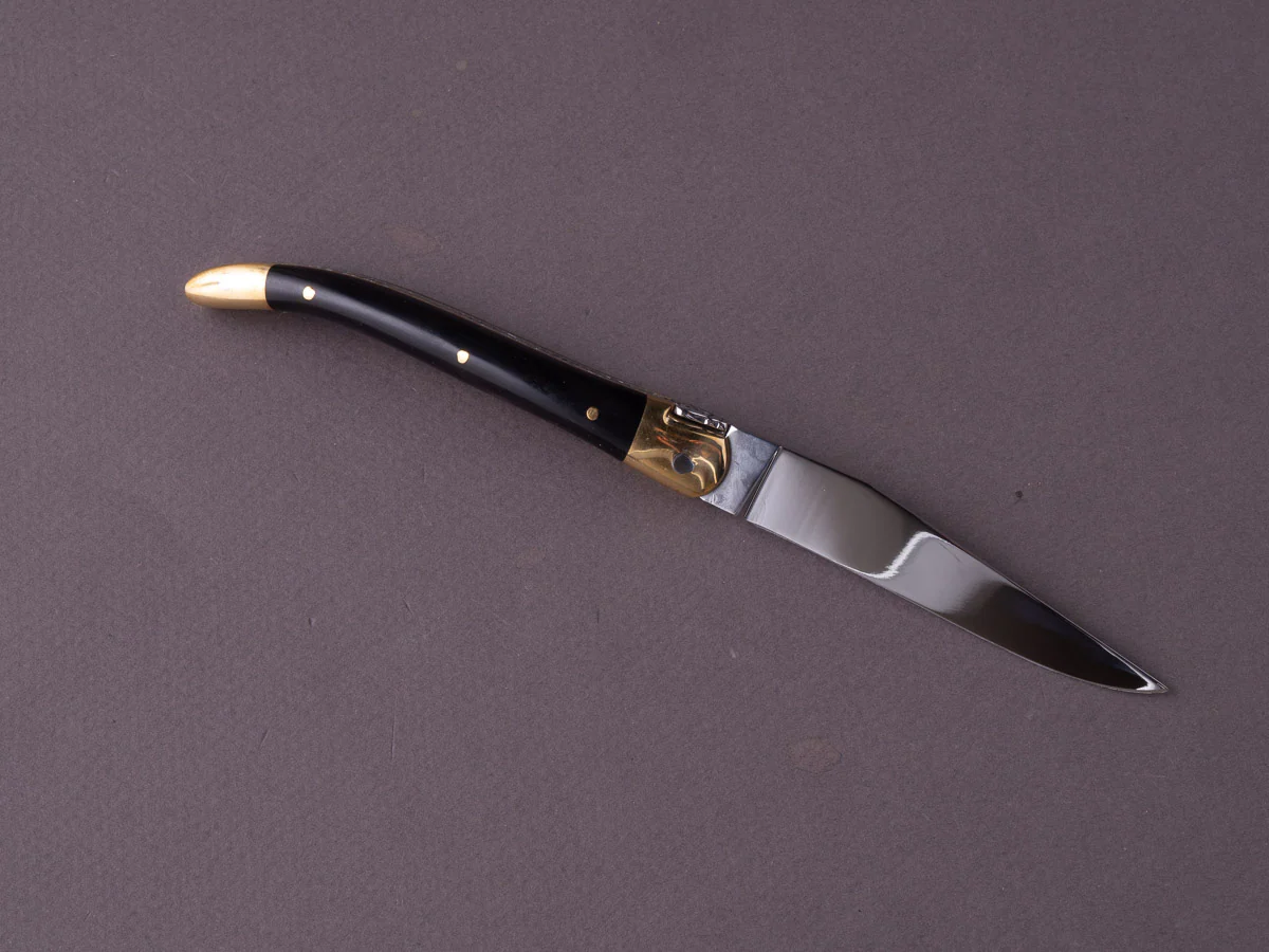 Forge de Laguiole - 90mm Folding Knife - Spring Lock - Black Horn & Brass Handle