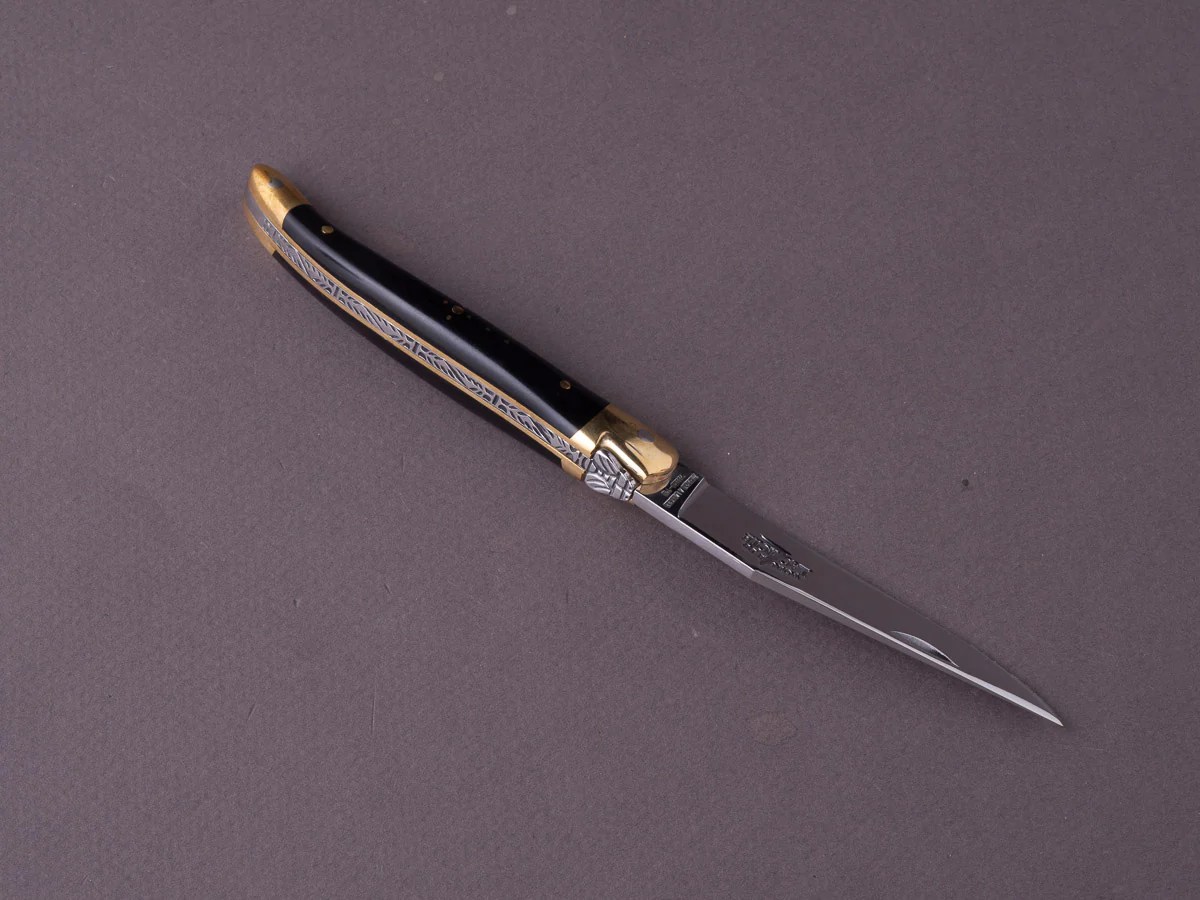 Forge de Laguiole - 90mm Folding Knife - Spring Lock - Black Horn & Brass Handle - Image 2