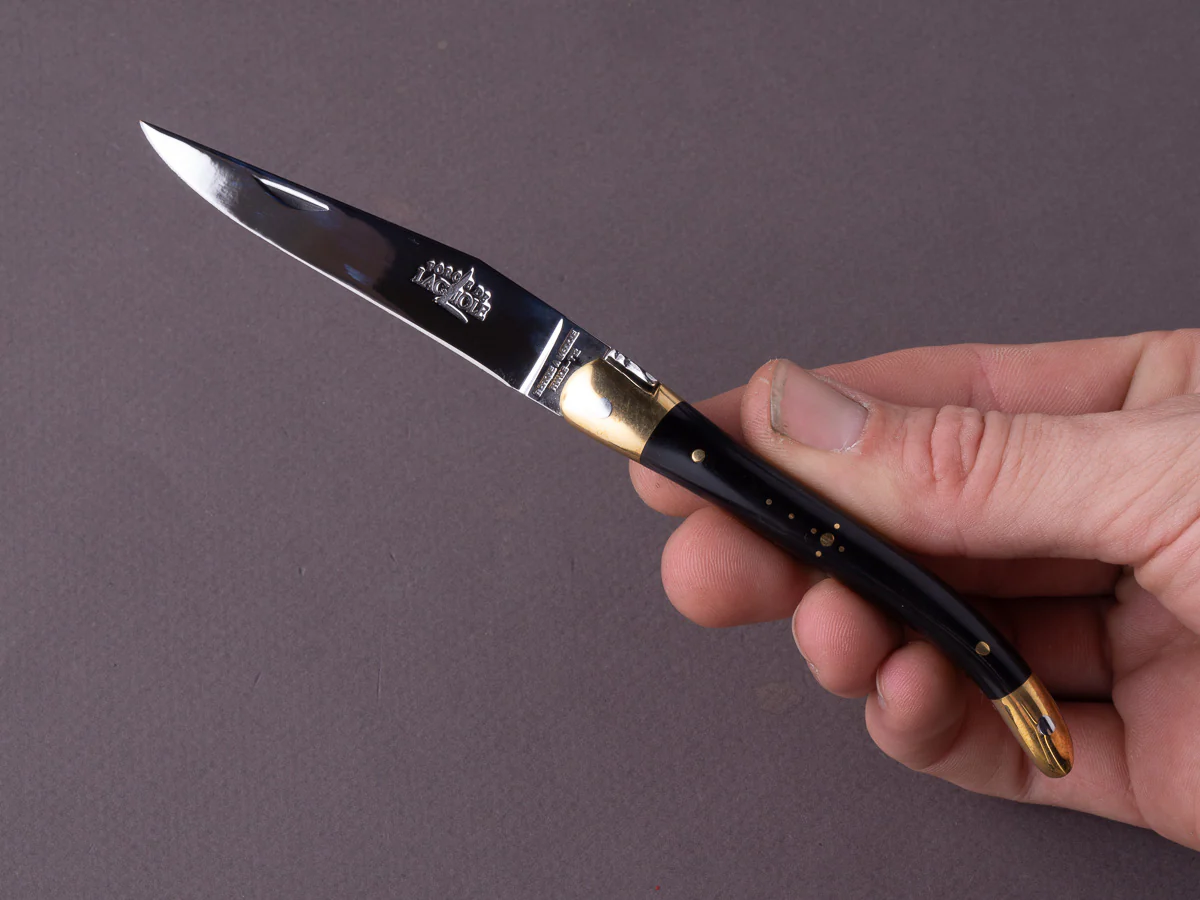 Forge de Laguiole - 90mm Folding Knife - Spring Lock - Black Horn & Brass Handle - Image 3