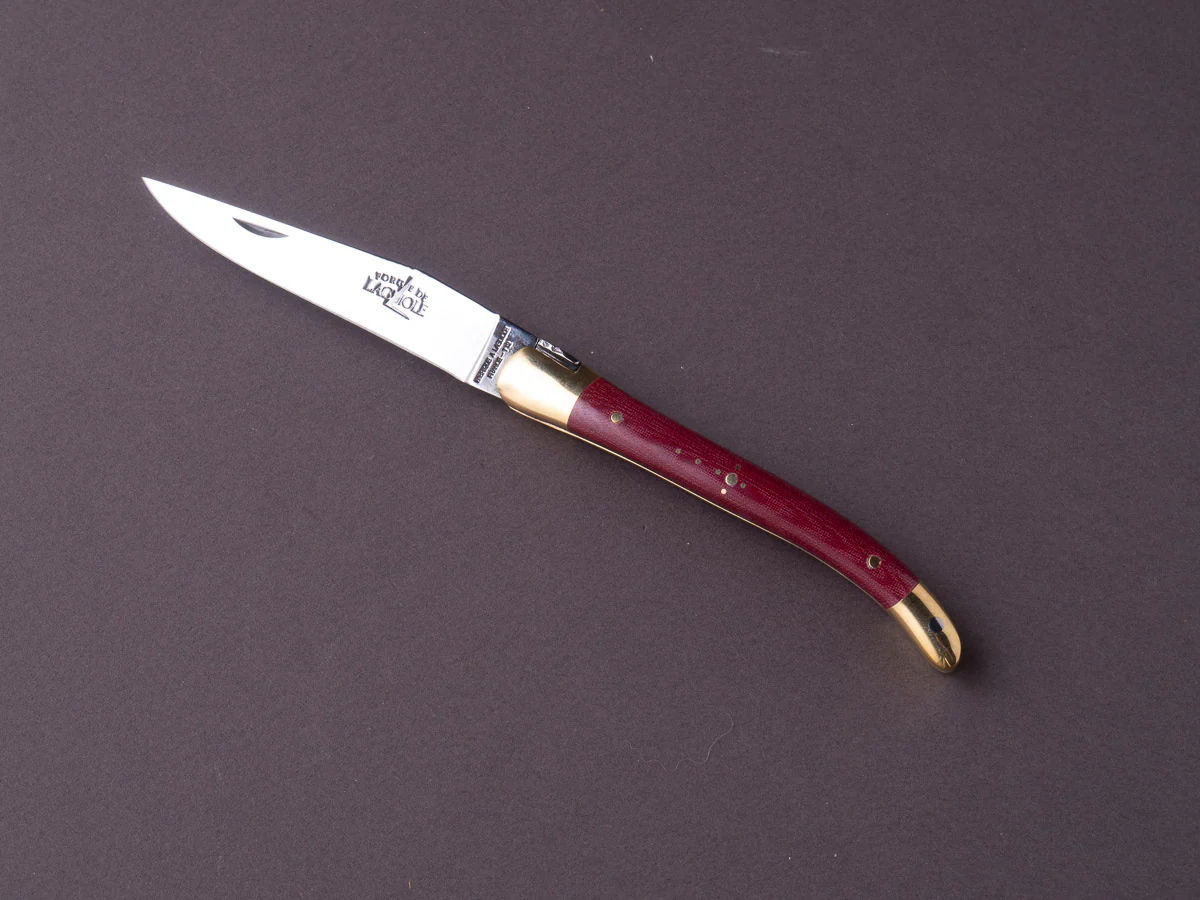 Forge de Laguiole - 90mm Folding Knife - Spring Lock - Burgundy Micarta & Brass Handle