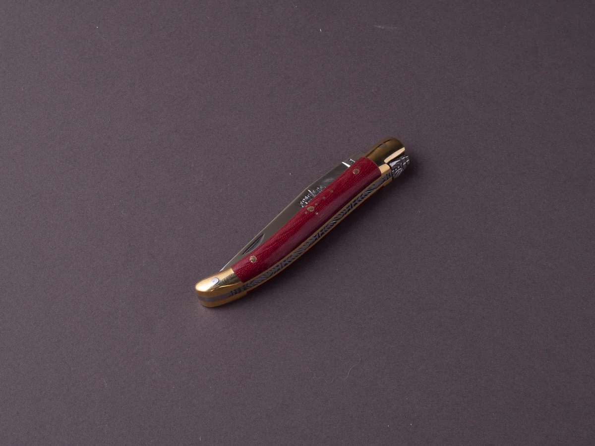 Forge de Laguiole - 90mm Folding Knife - Spring Lock - Burgundy Micarta & Brass Handle - Image 3