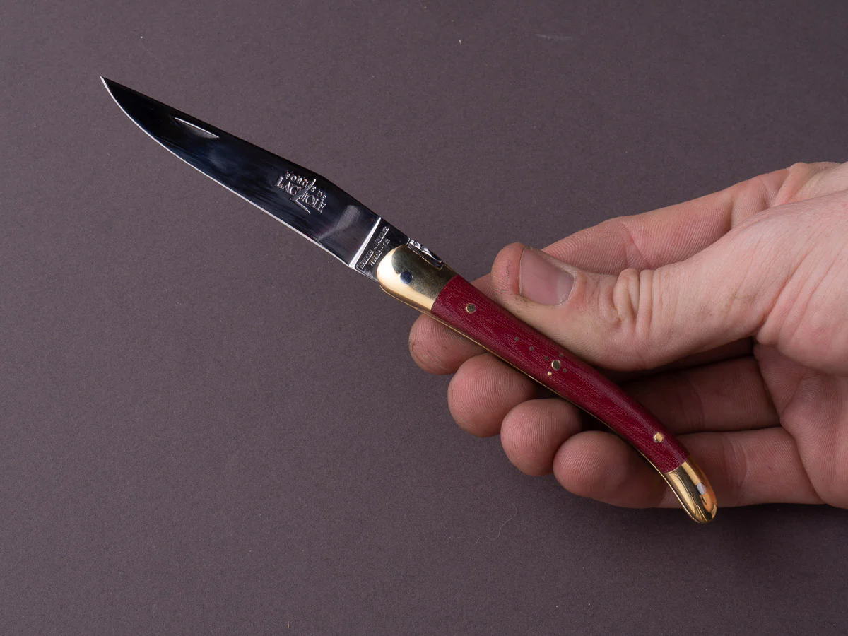 Forge de Laguiole - 90mm Folding Knife - Spring Lock - Burgundy Micarta & Brass Handle - Image 4