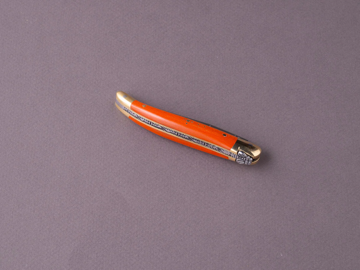 Forge de Laguiole - 90mm Folding Knife - Spring Lock - Orange Micarta & Brass Handle - Image 2