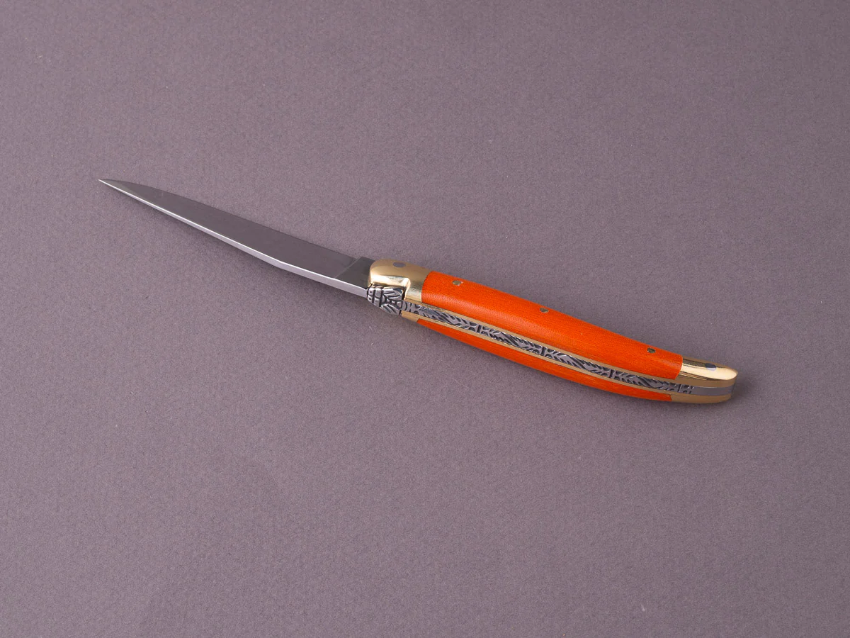 Forge de Laguiole - 90mm Folding Knife - Spring Lock - Orange Micarta & Brass Handle - Image 3