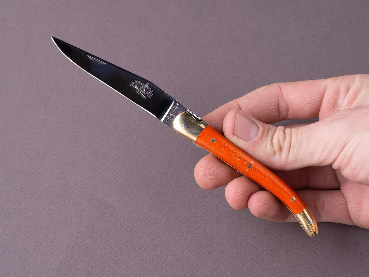 Forge de Laguiole - 90mm Folding Knife - Spring Lock - Orange Micarta & Brass Handle - Image 4