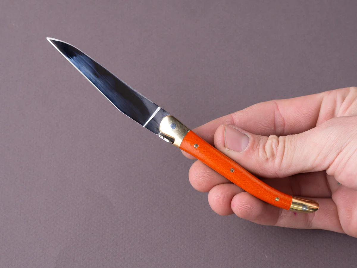 Forge de Laguiole - 90mm Folding Knife - Spring Lock - Orange Micarta & Brass Handle - Image 5