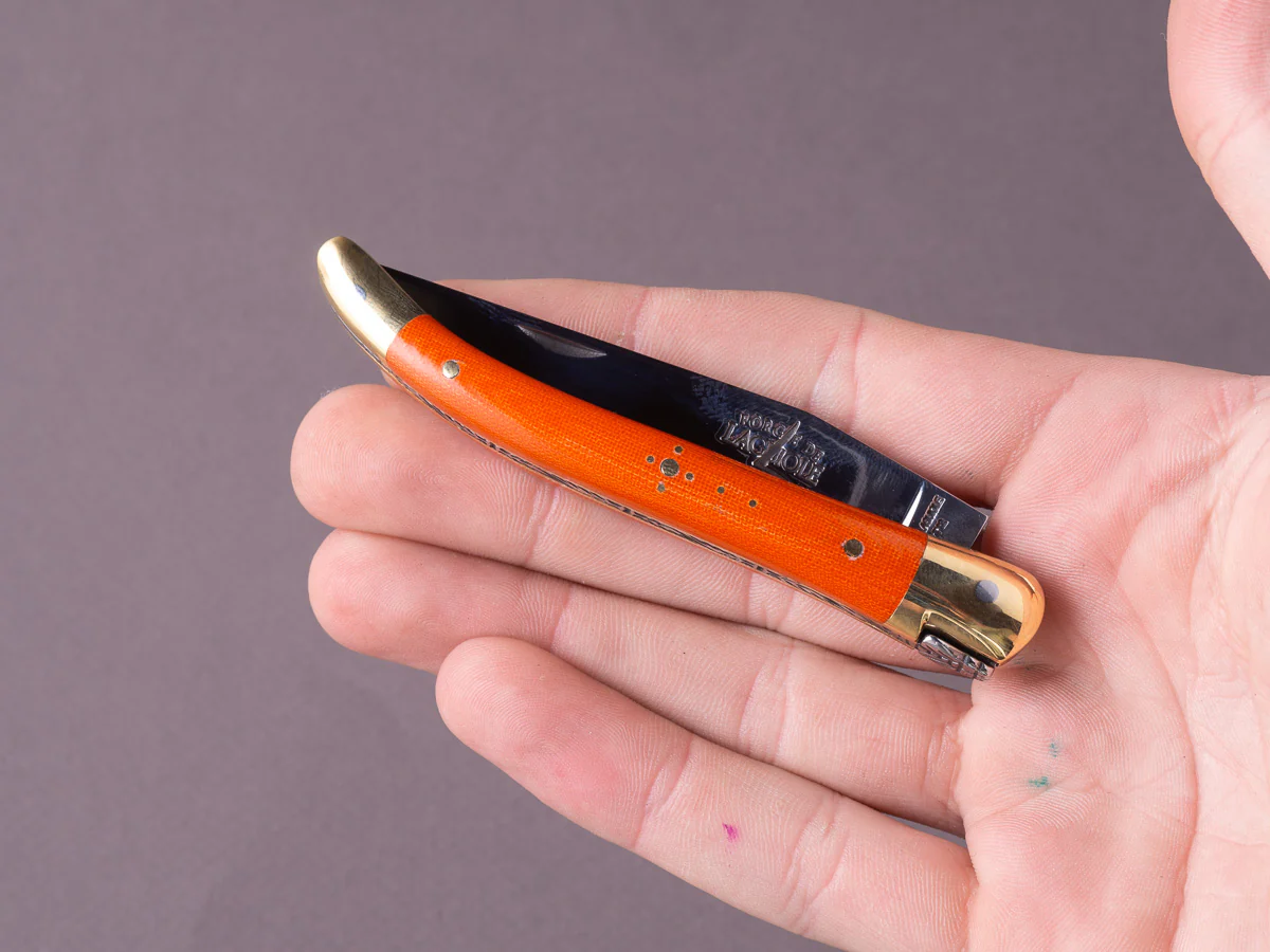 Forge de Laguiole - 90mm Folding Knife - Spring Lock - Orange Micarta & Brass Handle - Image 7