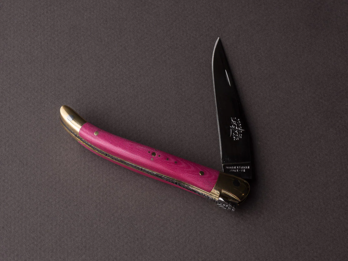 Forge de Laguiole - 90mm Folding Knife - Spring Lock - Pink Micarta & Brass Handle