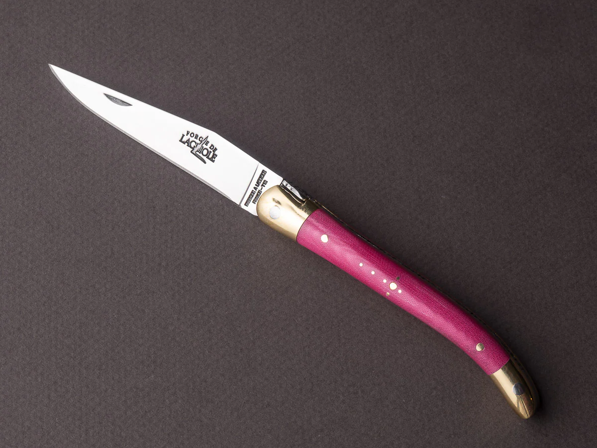 Forge de Laguiole - 90mm Folding Knife - Spring Lock - Pink Micarta & Brass Handle - Image 3
