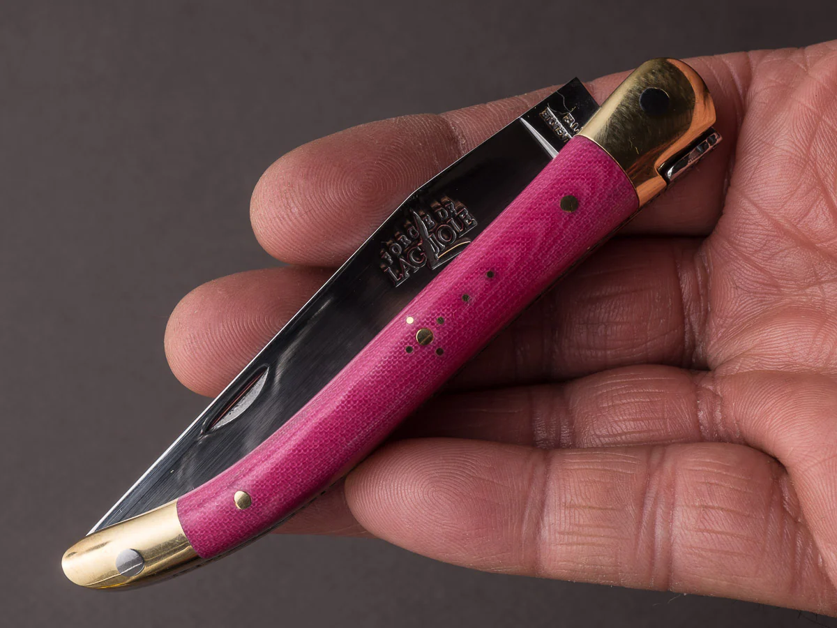 Forge de Laguiole - 90mm Folding Knife - Spring Lock - Pink Micarta & Brass Handle - Image 9