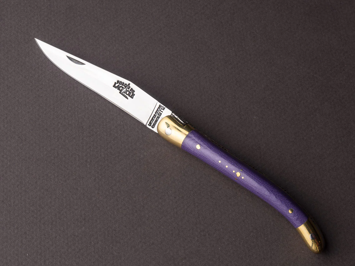 Forge de Laguiole - 90mm Folding Knife - Spring Lock - Purple Micarta & Brass Handle - Image 2