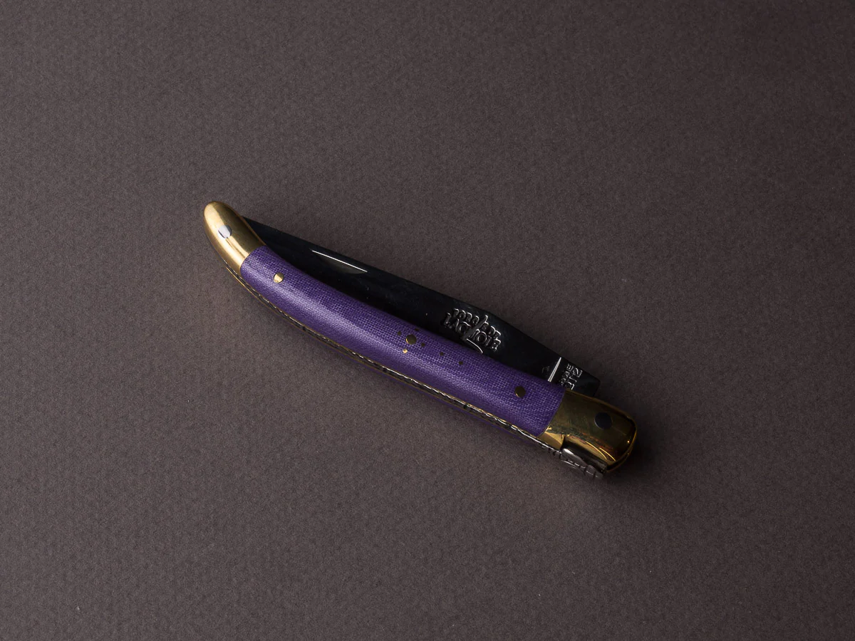 Forge de Laguiole - 90mm Folding Knife - Spring Lock - Purple Micarta & Brass Handle - Image 3