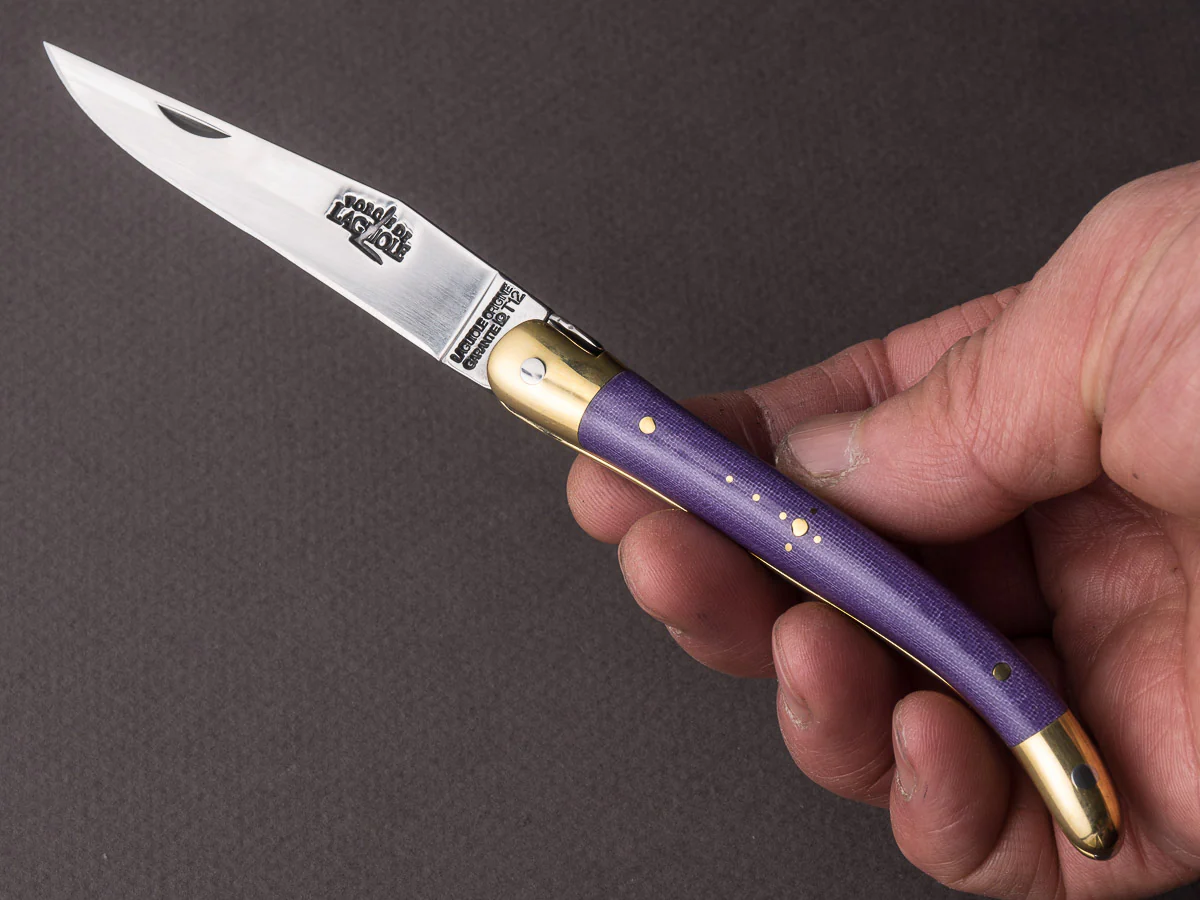Forge de Laguiole - 90mm Folding Knife - Spring Lock - Purple Micarta & Brass Handle - Image 4