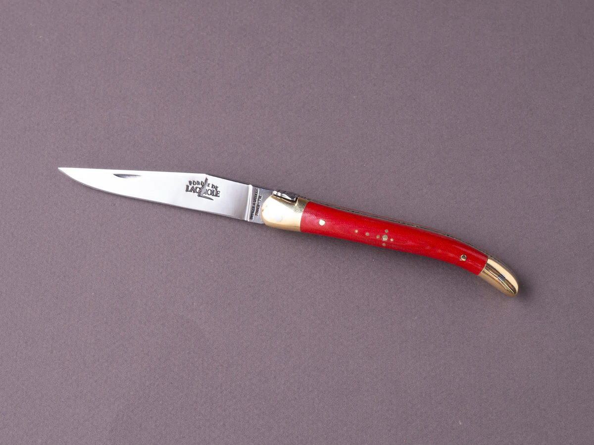 Forge de Laguiole - 90mm Folding Knife - Spring Lock - Red Micarta & Brass Handle