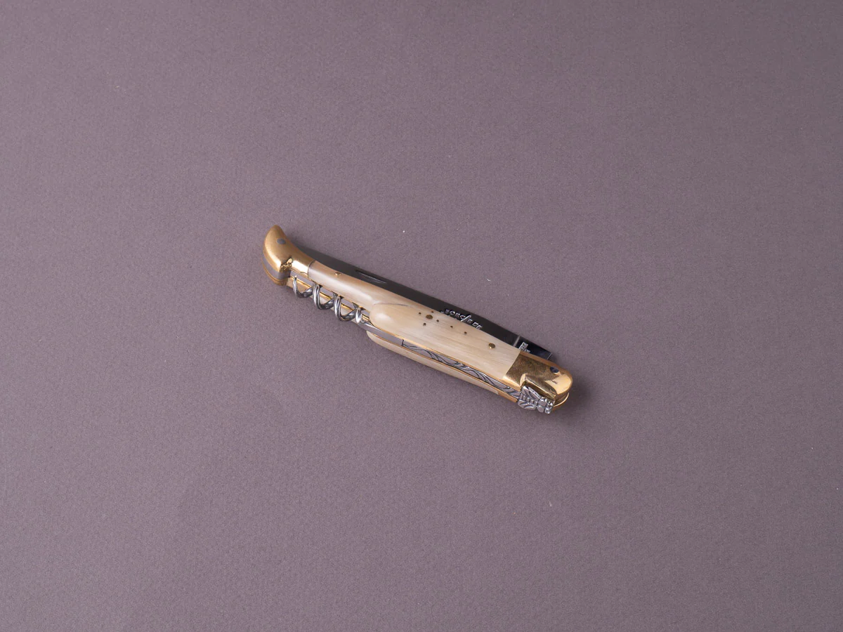 Forge De Laguiole -  Folding/Pocket Knife - 12cm 2 Piece - Blonde Aubrac Horn Handle w/ Brass Bolsters - Image 2