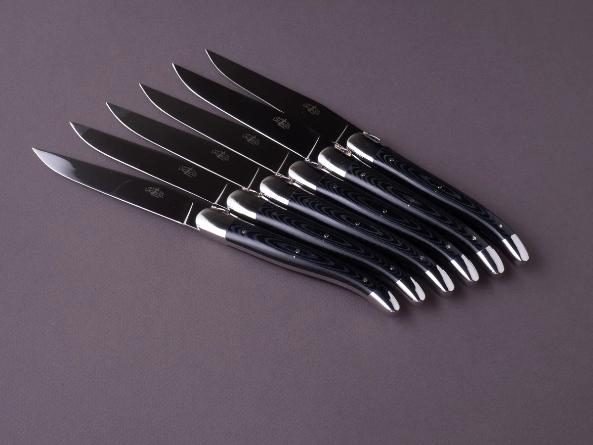 Forge de Laguiole - Steak/Table Knives - Shiny Bolsters - Black Micarta & Steel Handle