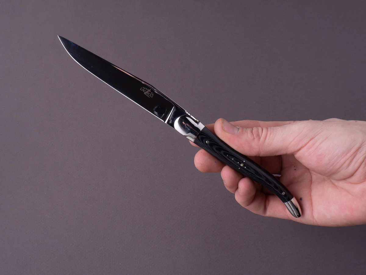 Forge de Laguiole - Steak/Table Knives - Shiny Bolsters - Black Micarta & Steel Handle - Image 4