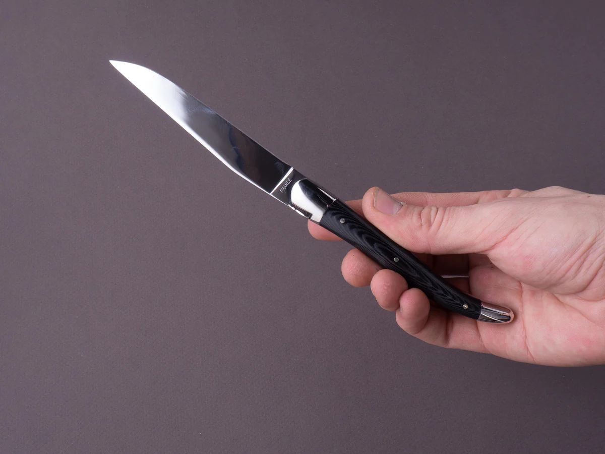 Forge de Laguiole - Steak/Table Knives - Shiny Bolsters - Black Micarta & Steel Handle - Image 5