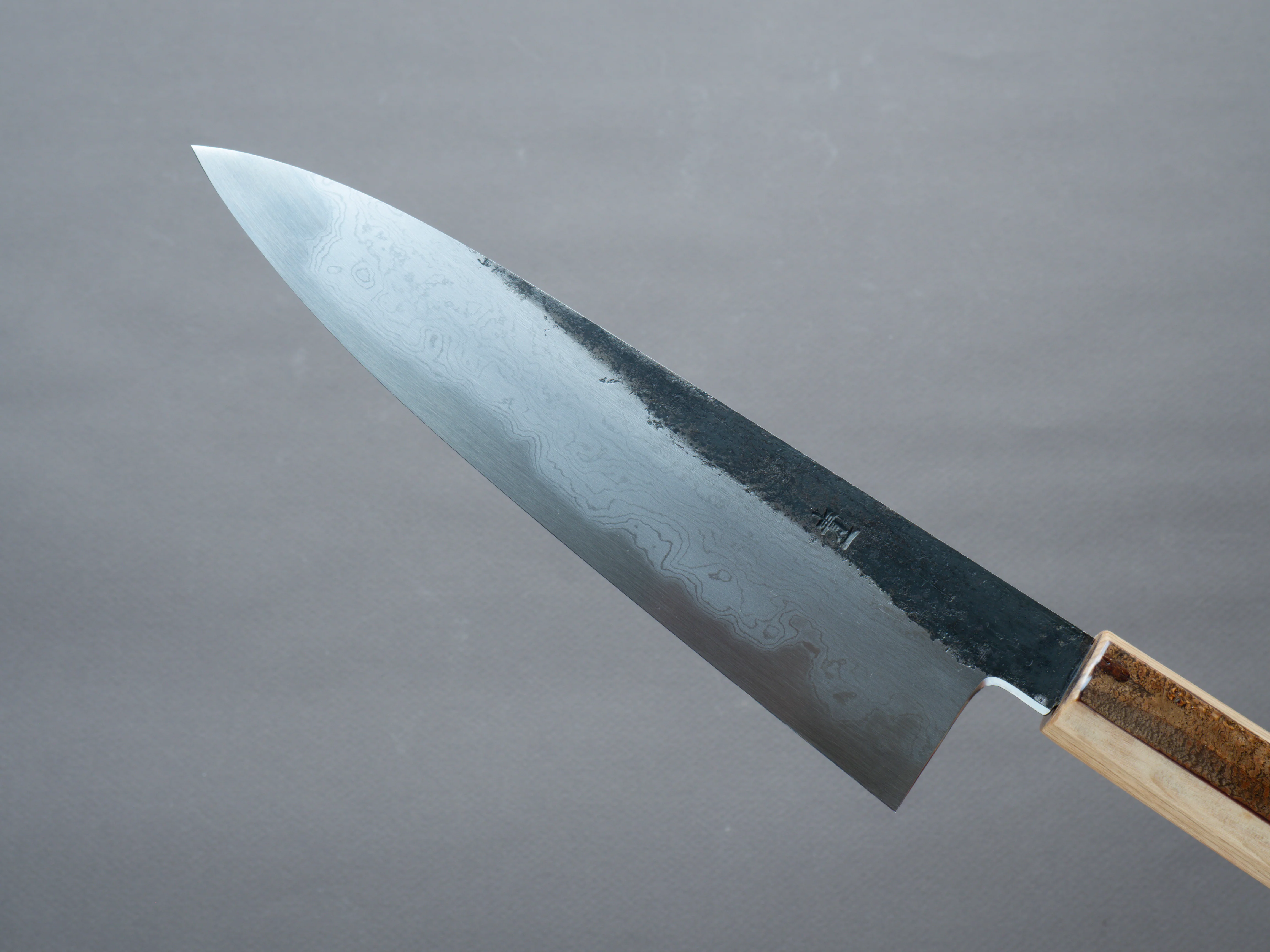 HADO - Sumi - Blue #1 - Damascus Kurouchi - 210mm Gyuto - Oak and Cherry Bark Handle - Extra Height - Image 3