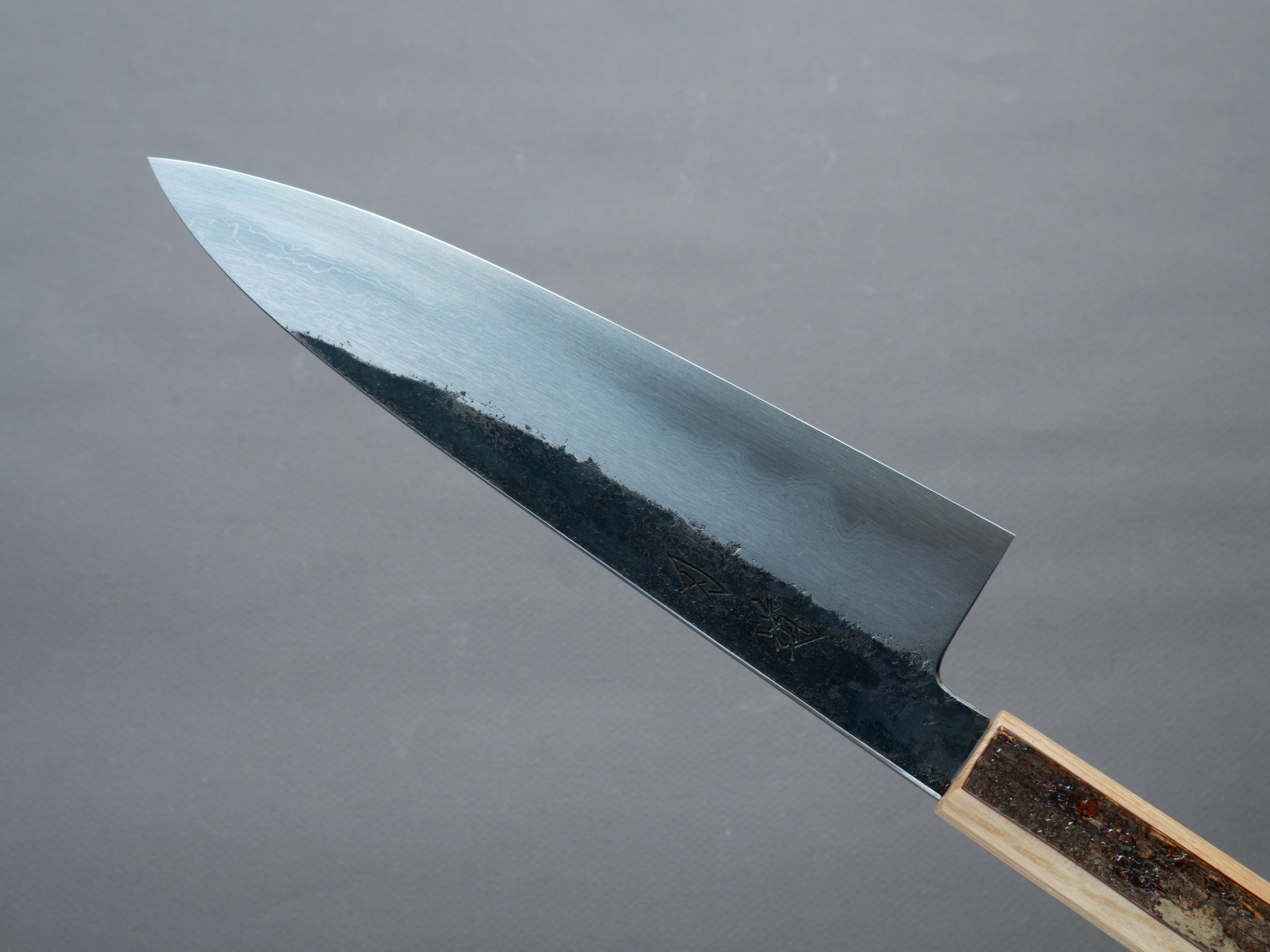HADO - Sumi - Blue #1 - Damascus Kurouchi - 210mm Gyuto - Oak and Cherry Bark Handle - Extra Height - Image 4