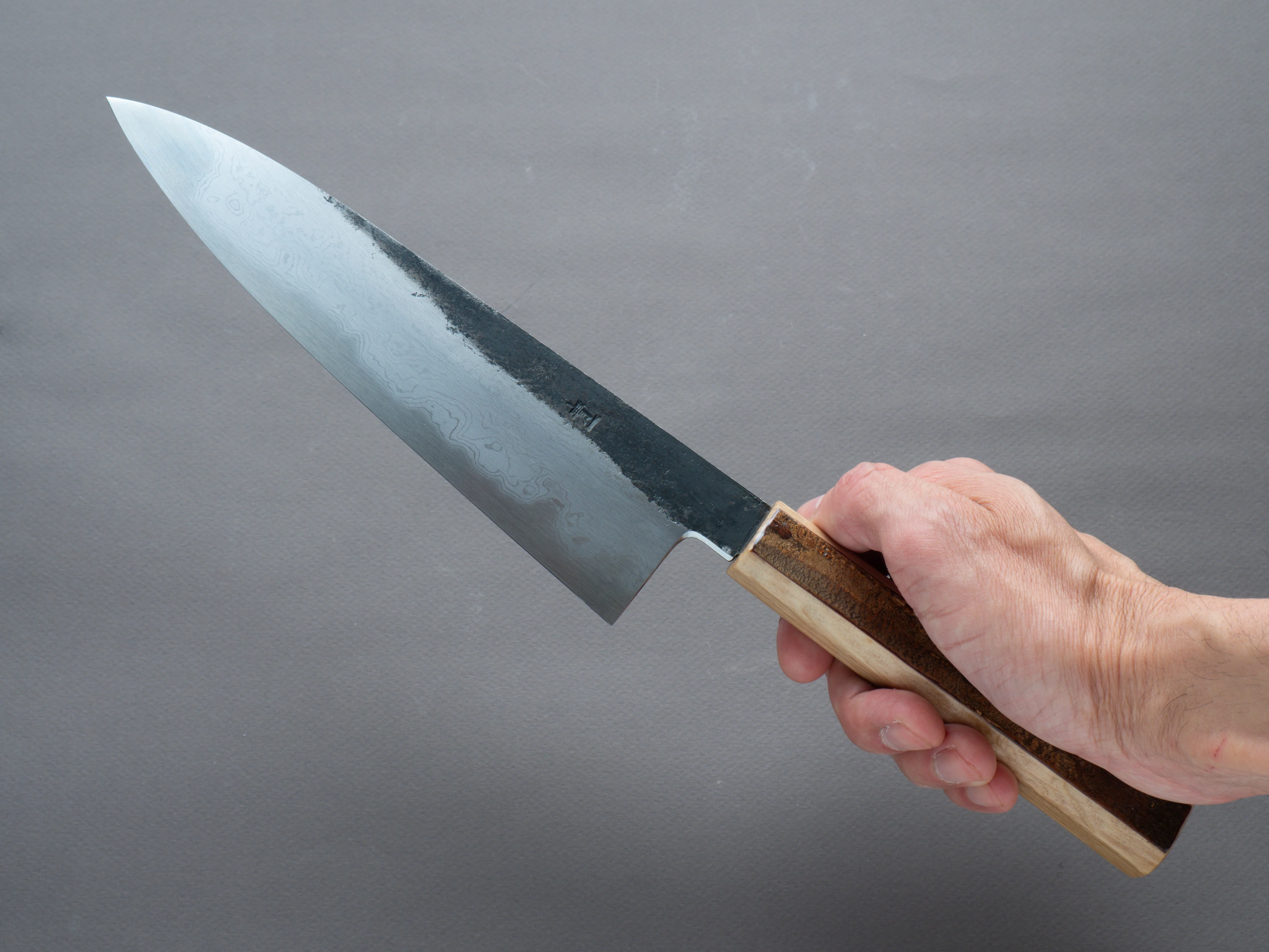 HADO - Sumi - Blue #1 - Damascus Kurouchi - 210mm Gyuto - Oak and Cherry Bark Handle - Extra Height - Image 6