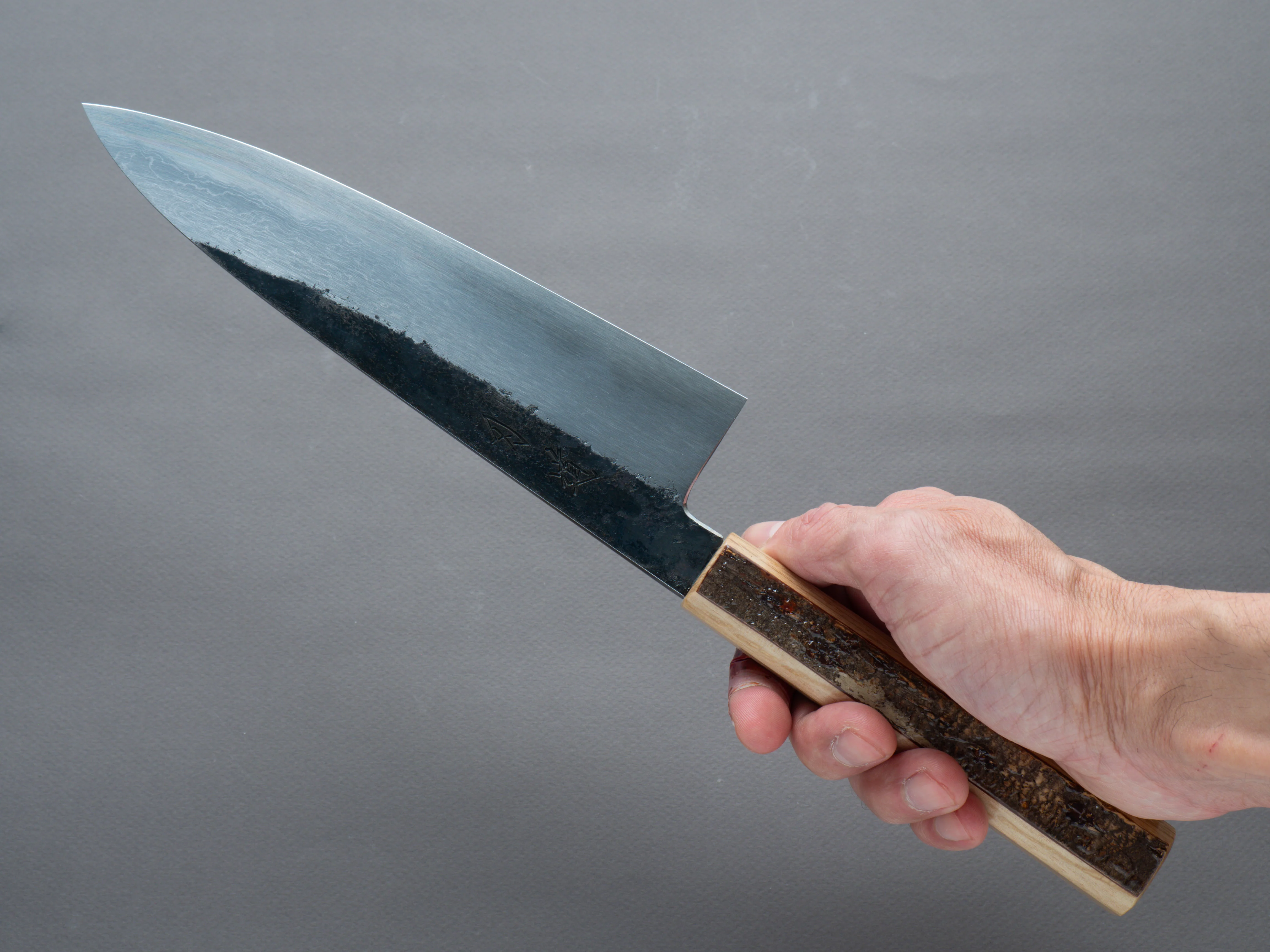 HADO - Sumi - Blue #1 - Damascus Kurouchi - 210mm Gyuto - Oak and Cherry Bark Handle - Extra Height - Image 7