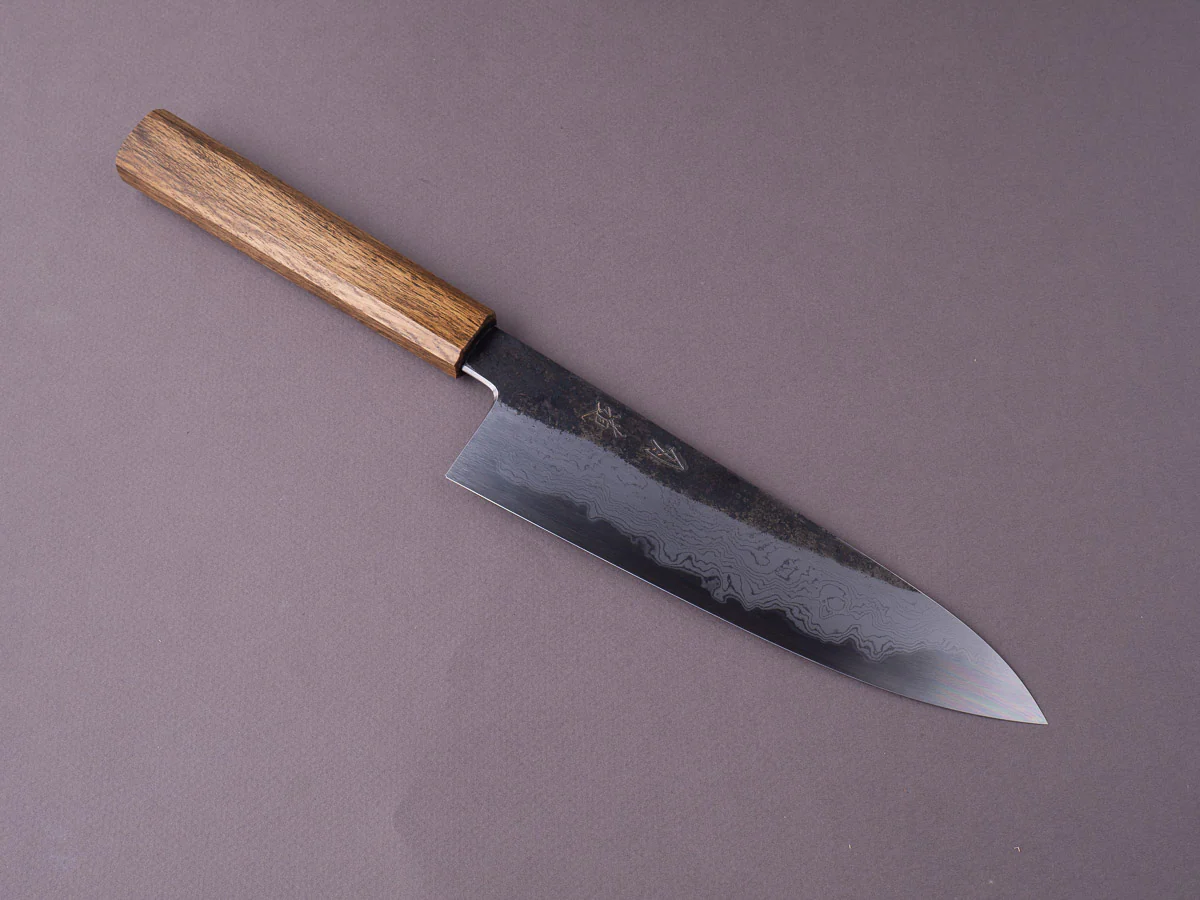 HADO - Sumi - Blue #1 - Damascus Kurouchi - 210mm Wide Gyuto - Brown Lacquer Oak Handle