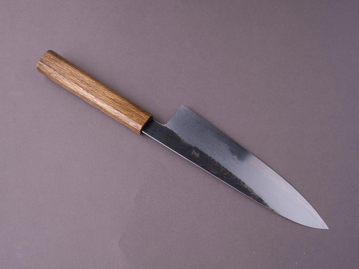 HADO - Sumi - Blue #1 - Damascus Kurouchi - 210mm Wide Gyuto - Brown Lacquer Oak Handle - Image 4