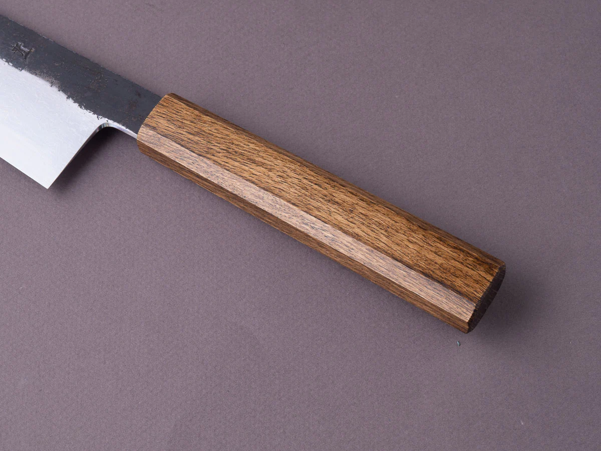 HADO - Sumi - Blue #1 - Damascus Kurouchi - 210mm Wide Gyuto - Brown Lacquer Oak Handle - Image 7