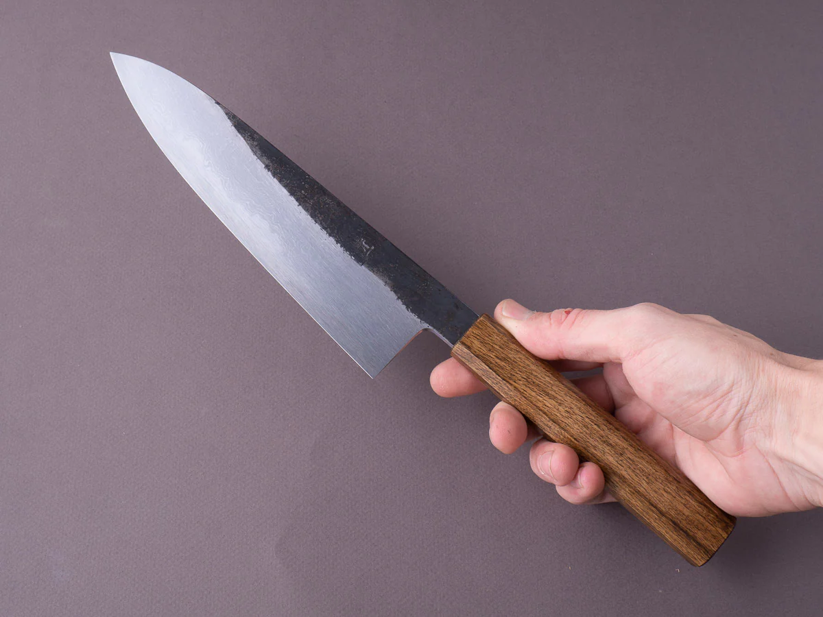 HADO - Sumi - Blue #1 - Damascus Kurouchi - 210mm Wide Gyuto - Brown Lacquer Oak Handle - Image 8