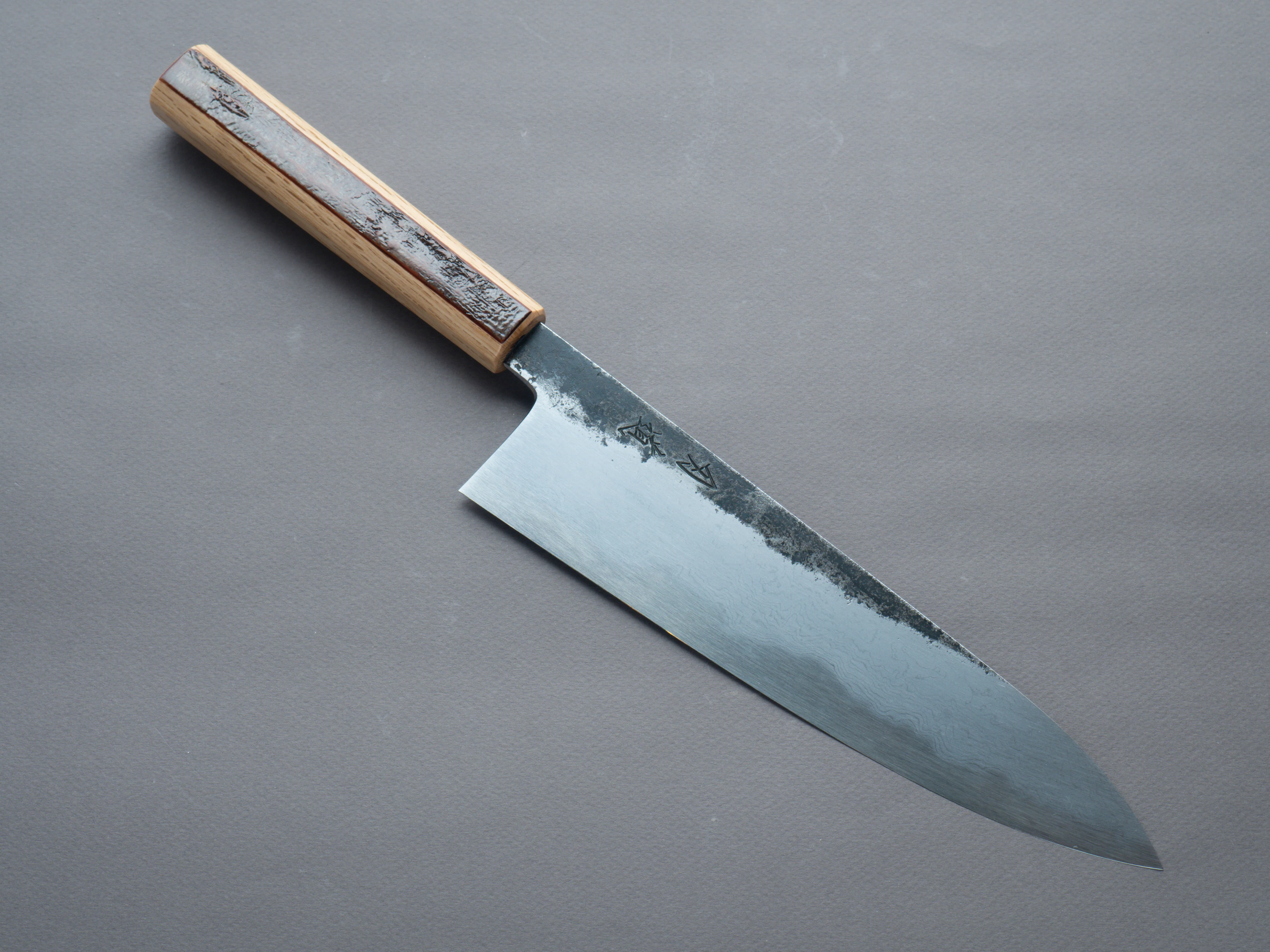 HADO - Sumi - Blue #1 - Damascus Kurouchi - 240mm Gyuto - Oak and Cherry Bark Handle - Extra Height
