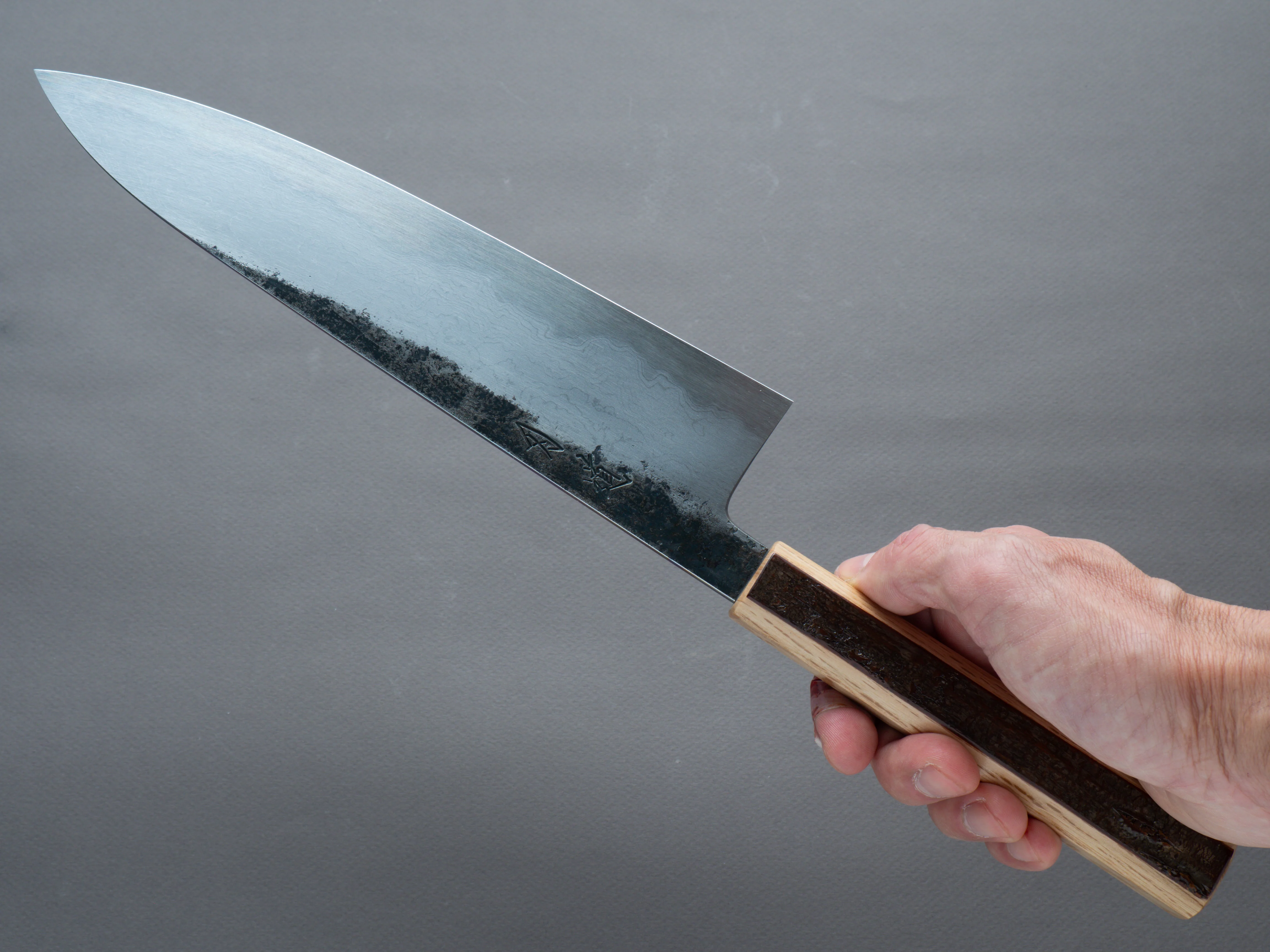 HADO - Sumi - Blue #1 - Damascus Kurouchi - 240mm Gyuto - Oak and Cherry Bark Handle - Extra Height - Image 4