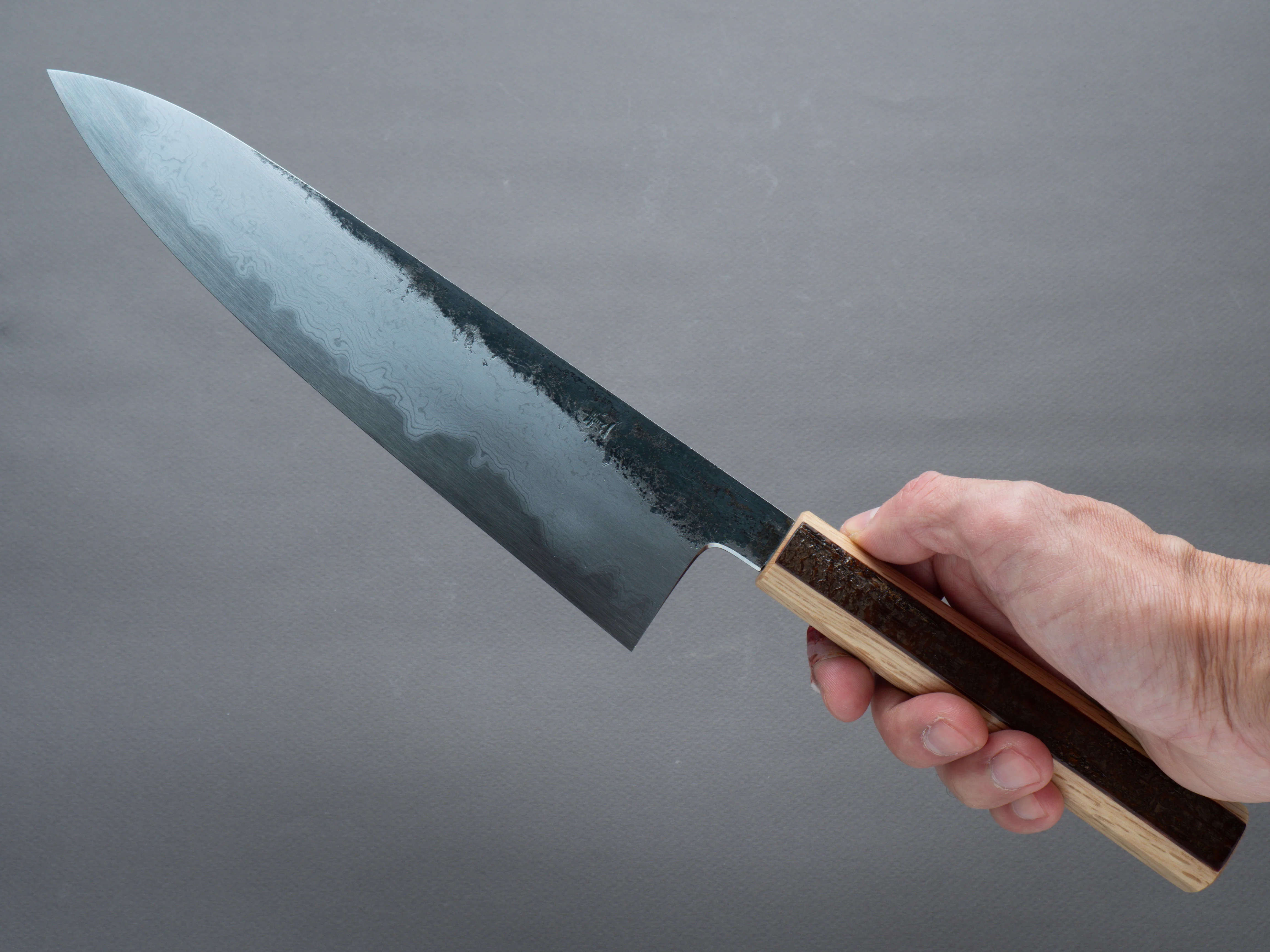 HADO - Sumi - Blue #1 - Damascus Kurouchi - 240mm Gyuto - Oak and Cherry Bark Handle - Extra Height - Image 5