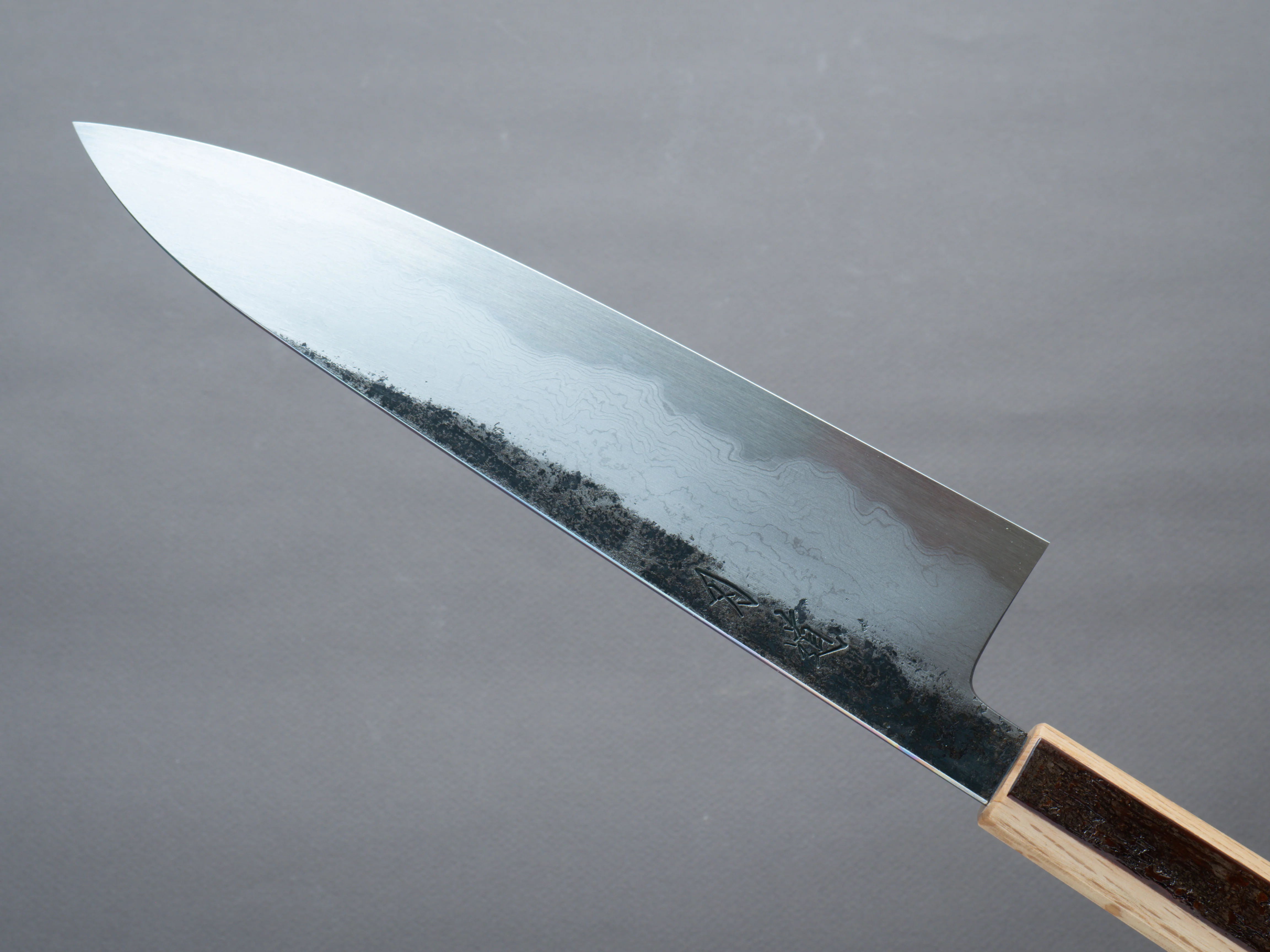 HADO - Sumi - Blue #1 - Damascus Kurouchi - 240mm Gyuto - Oak and Cherry Bark Handle - Extra Height - Image 7