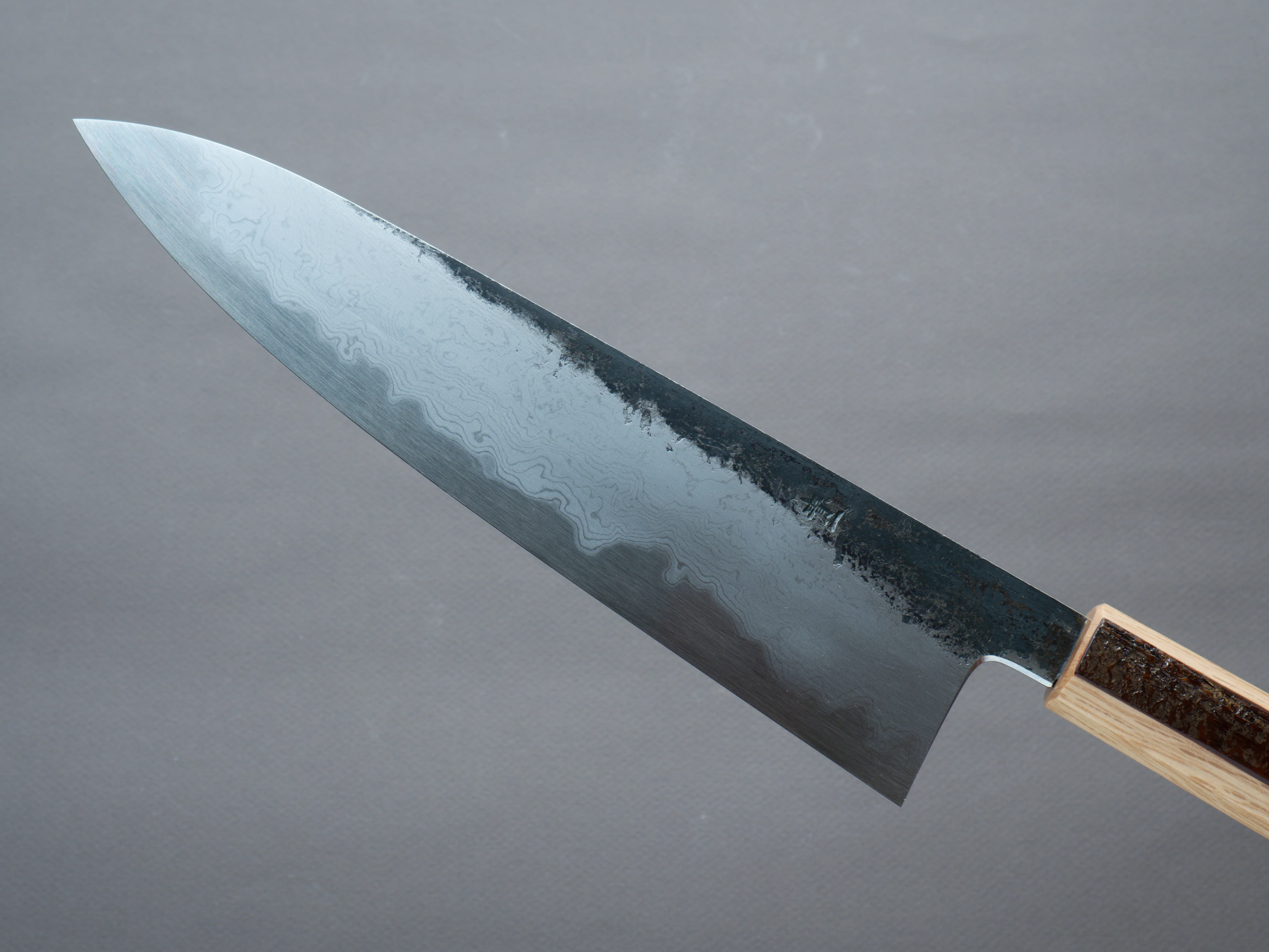 HADO - Sumi - Blue #1 - Damascus Kurouchi - 240mm Gyuto - Oak and Cherry Bark Handle - Extra Height - Image 8