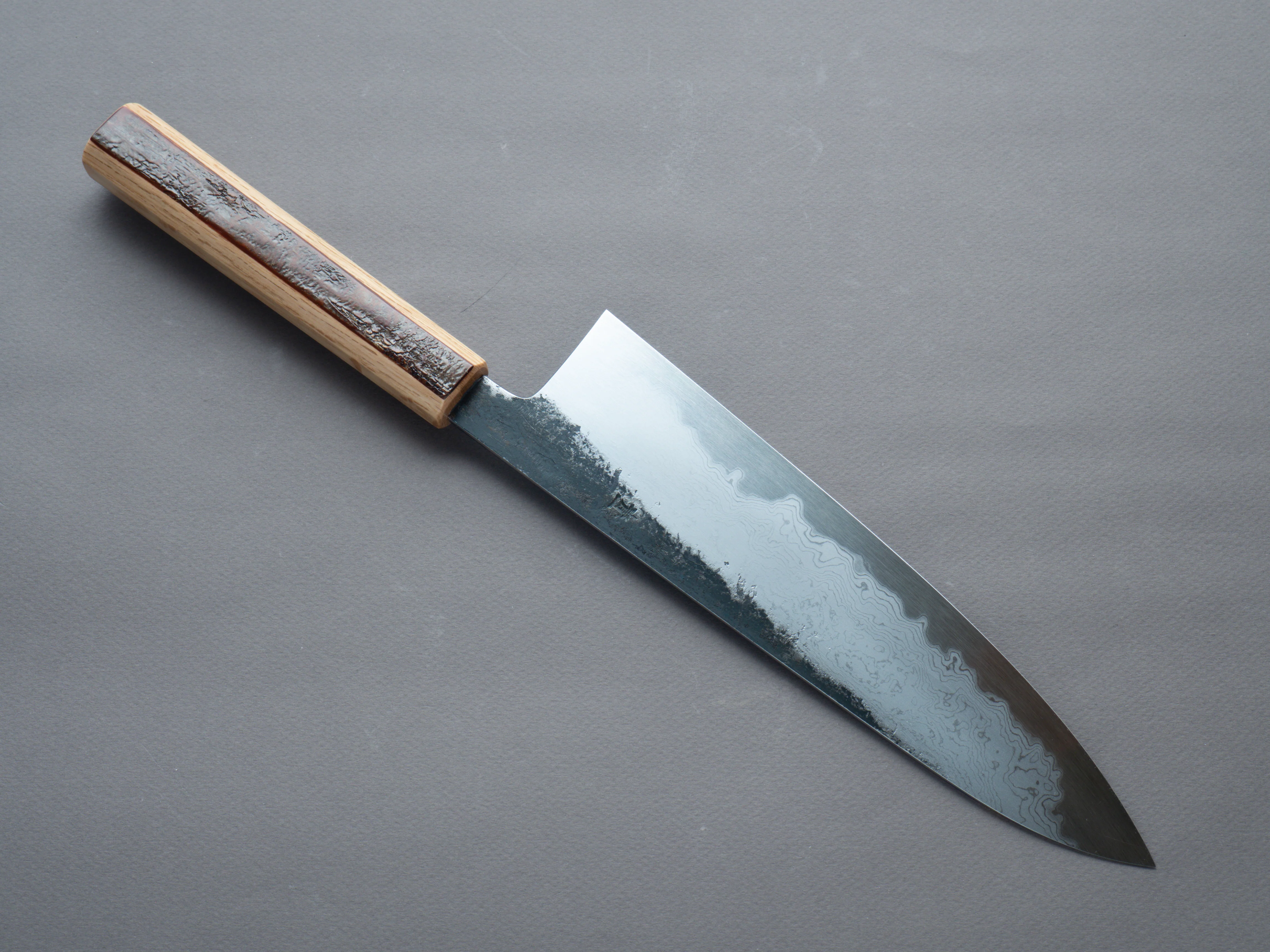 HADO - Sumi - Blue #1 - Damascus Kurouchi - 240mm Gyuto - Oak and Cherry Bark Handle - Extra Height - Image 9