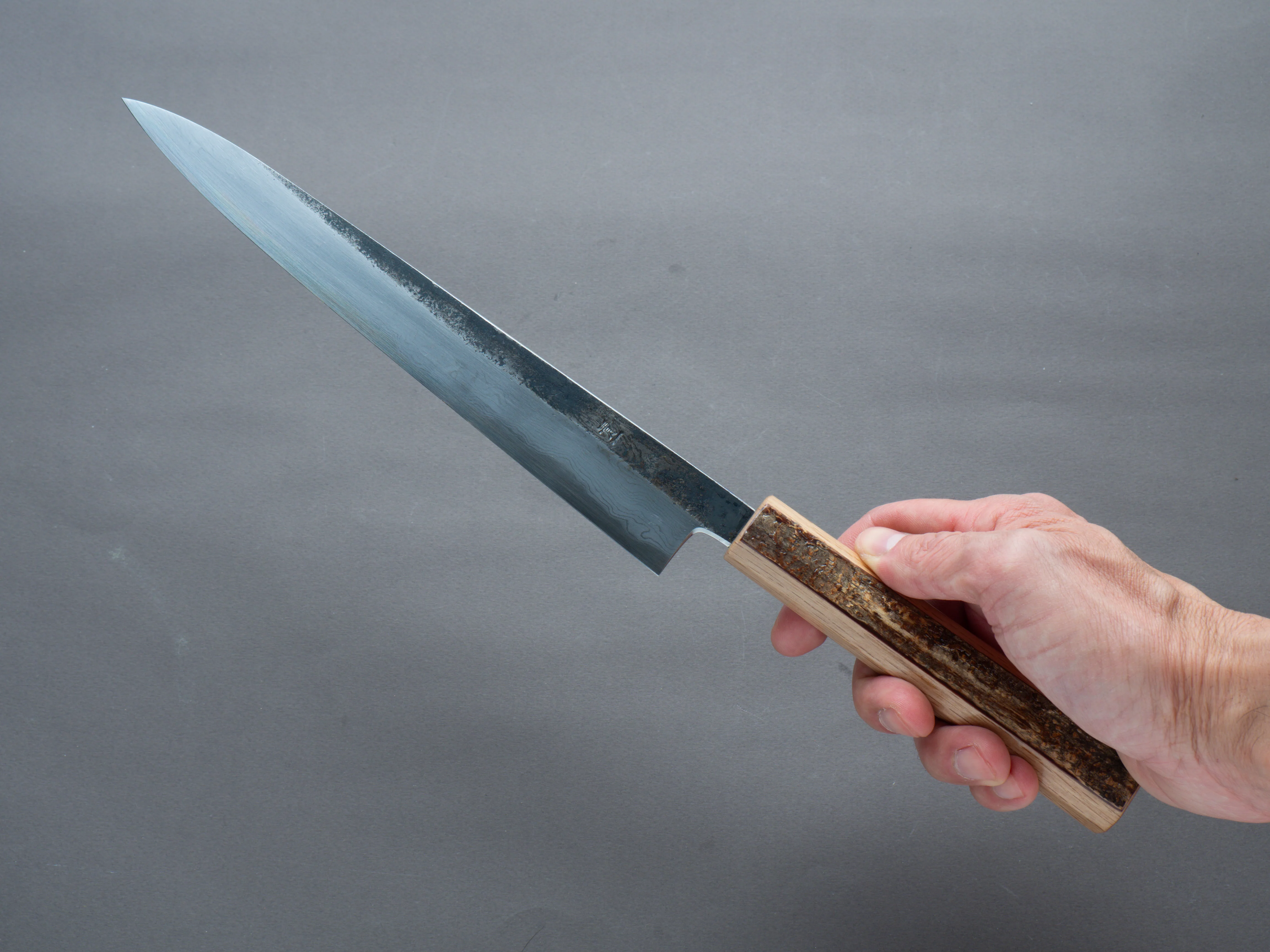 HADO - Sumi - Blue #1 - Damascus Kurouchi - Sujihiki - 240mm - Oak and Cherry Bark Handle - Image 6