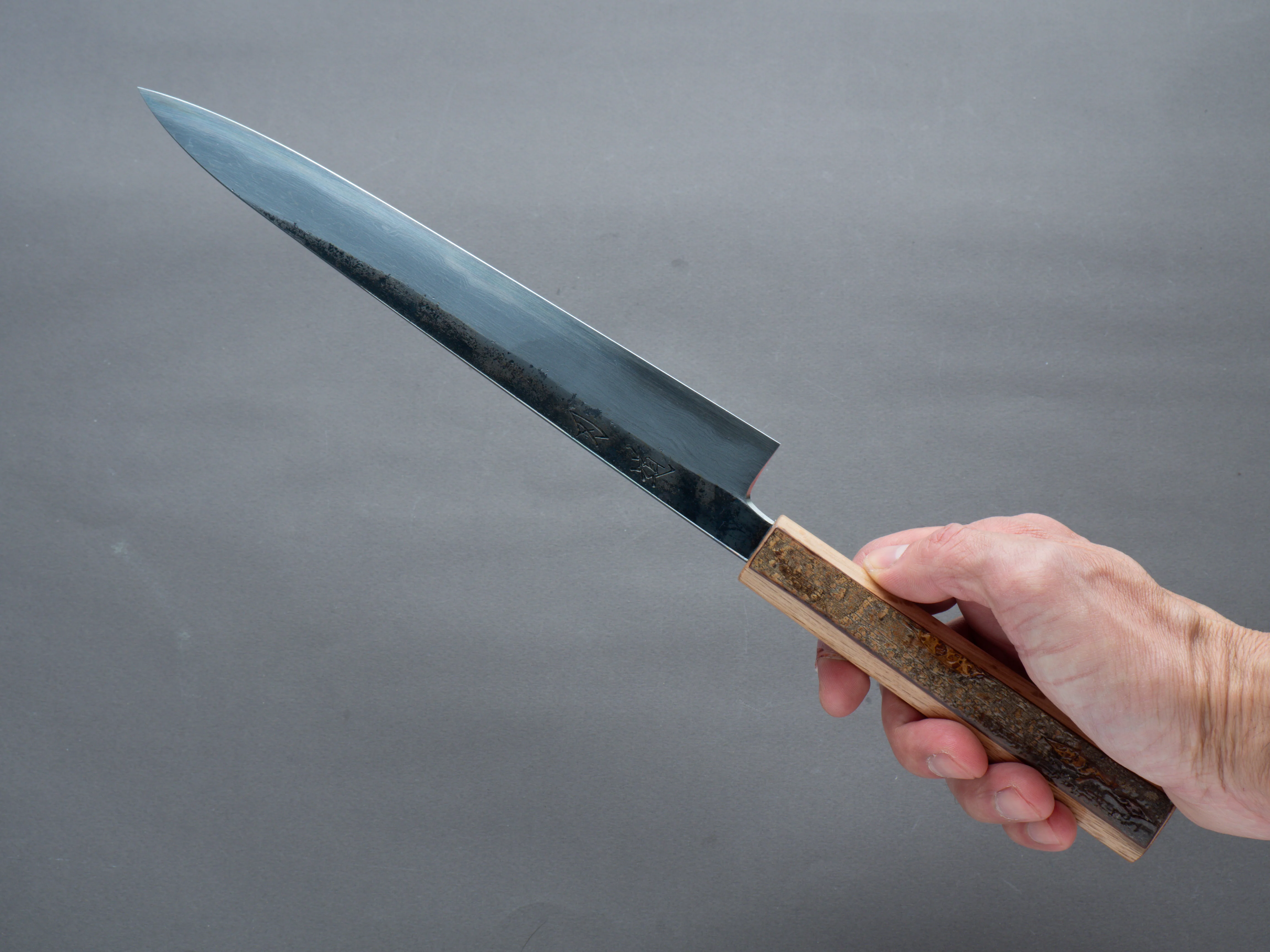 HADO - Sumi - Blue #1 - Damascus Kurouchi - Sujihiki - 240mm - Oak and Cherry Bark Handle - Image 7
