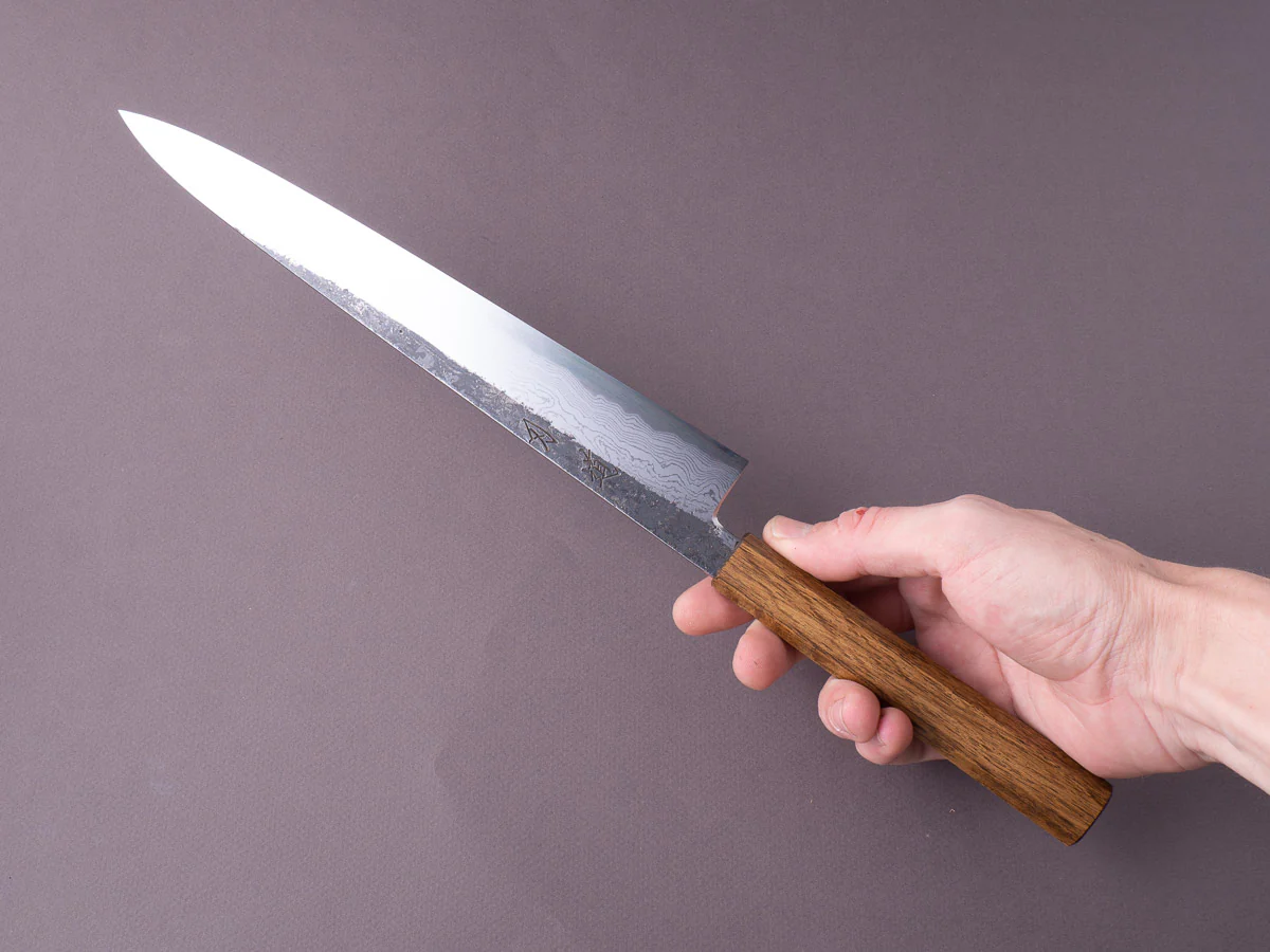 HADO - Sumi - Blue #1 - Damascus Kurouchi - 270mm Sujihiki - Brown Lacquered Oak Handle - Image 8