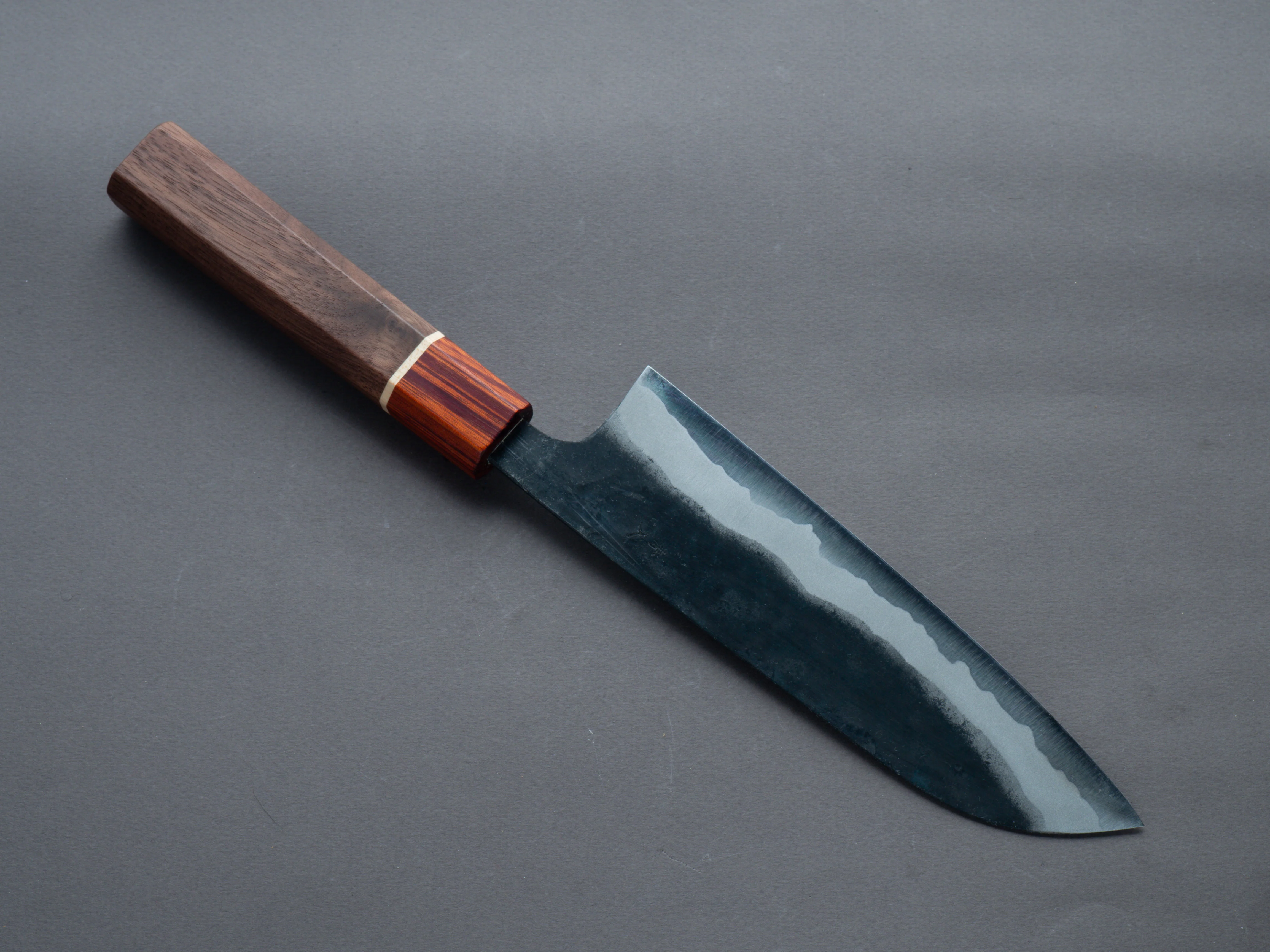 Hitohira - Tosa - Kurouchi - Blue #2 - 170mm Santoku - Walnut Handle (Rengas Ferrule) - Image 2