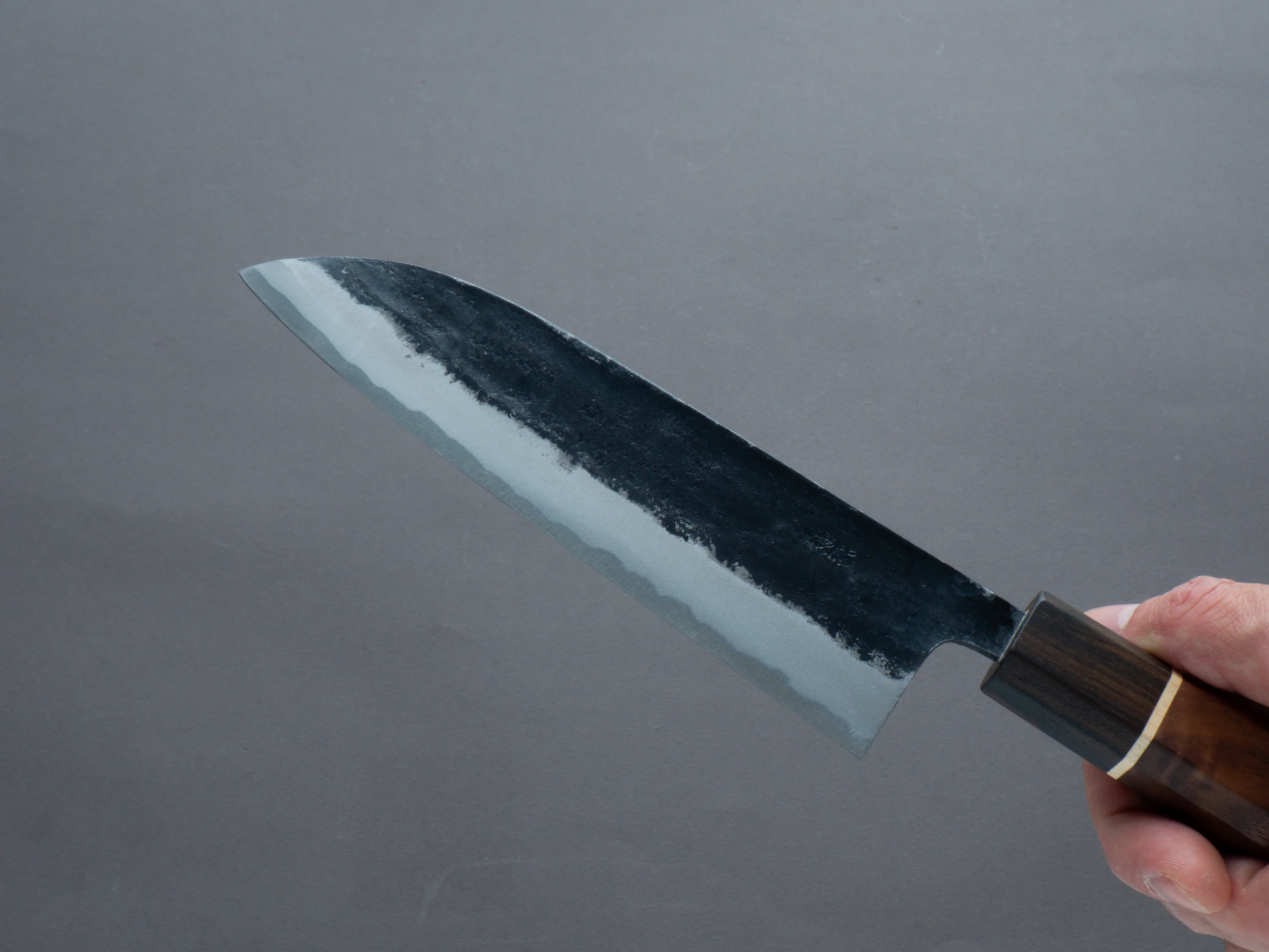 Hitohira - Blue #1 - Kurouchi - Santoku 165mm - Walnut Handle (Ziricote ferrule) - Image 3